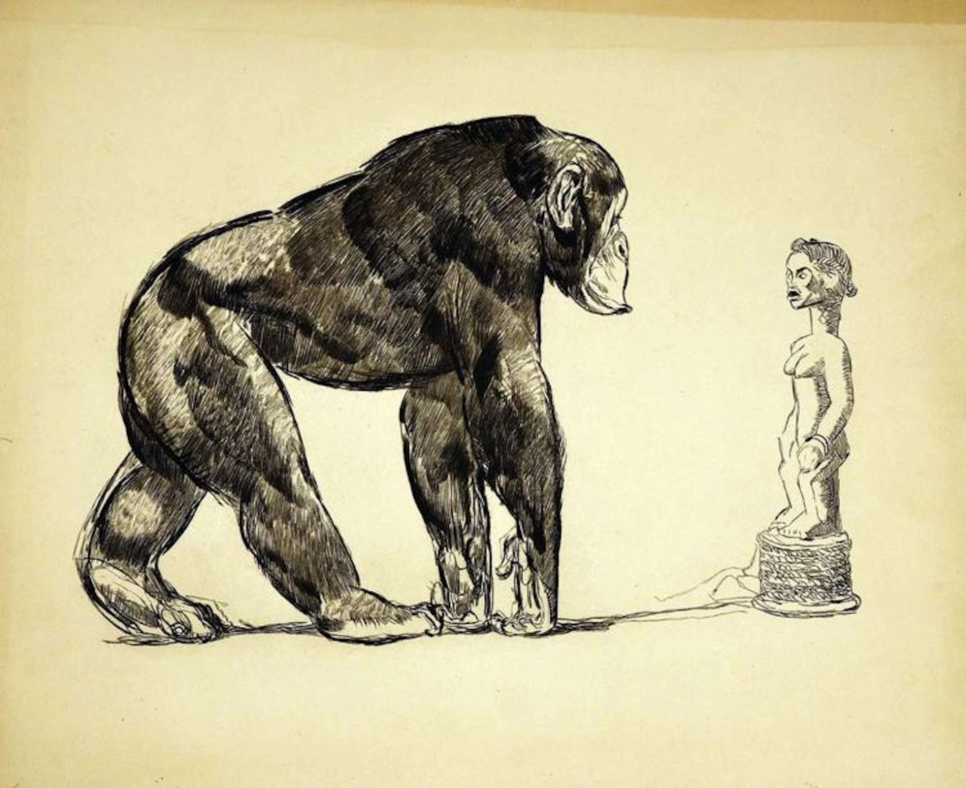 JOUVE PAUL - Chimpanzé devant une statue Africaine vers 1930