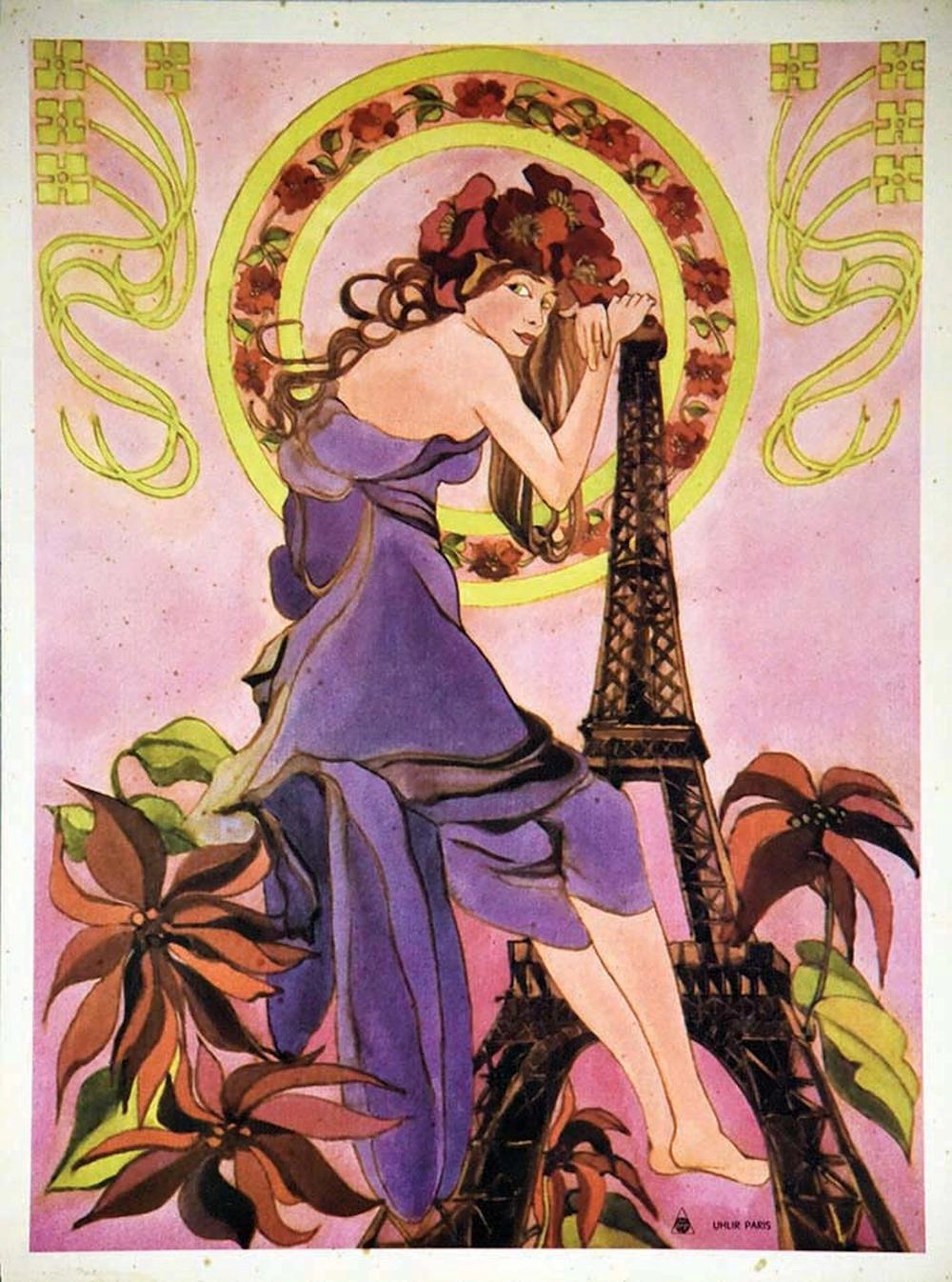 Jeune femme à la Tour Eiffeil d'après Alphonse Mucha vers 1980