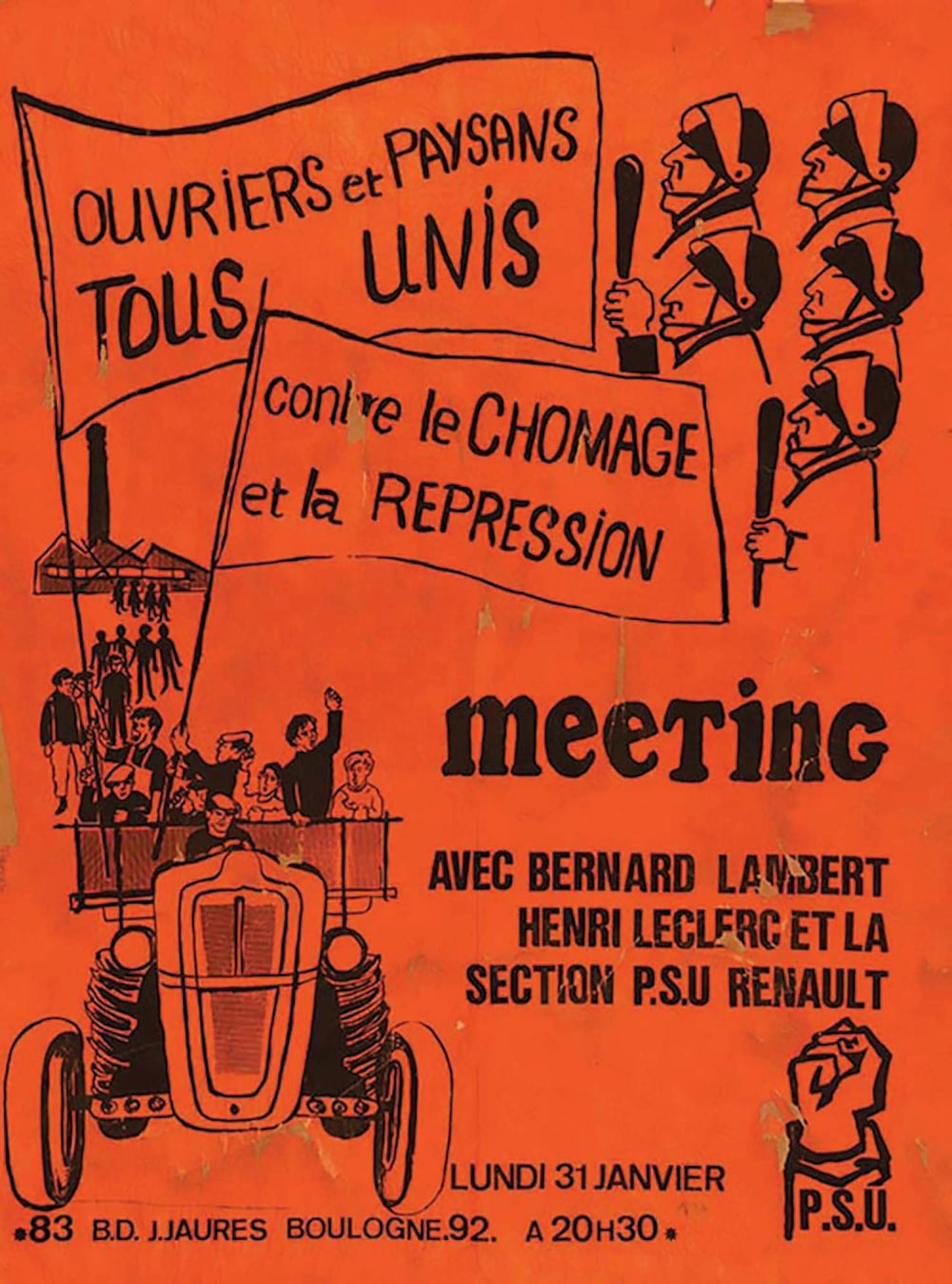 Ouvriers et Paysans tous Unis PSU Meeting 83 Bd Jean Jaurès Boulogne / Seine