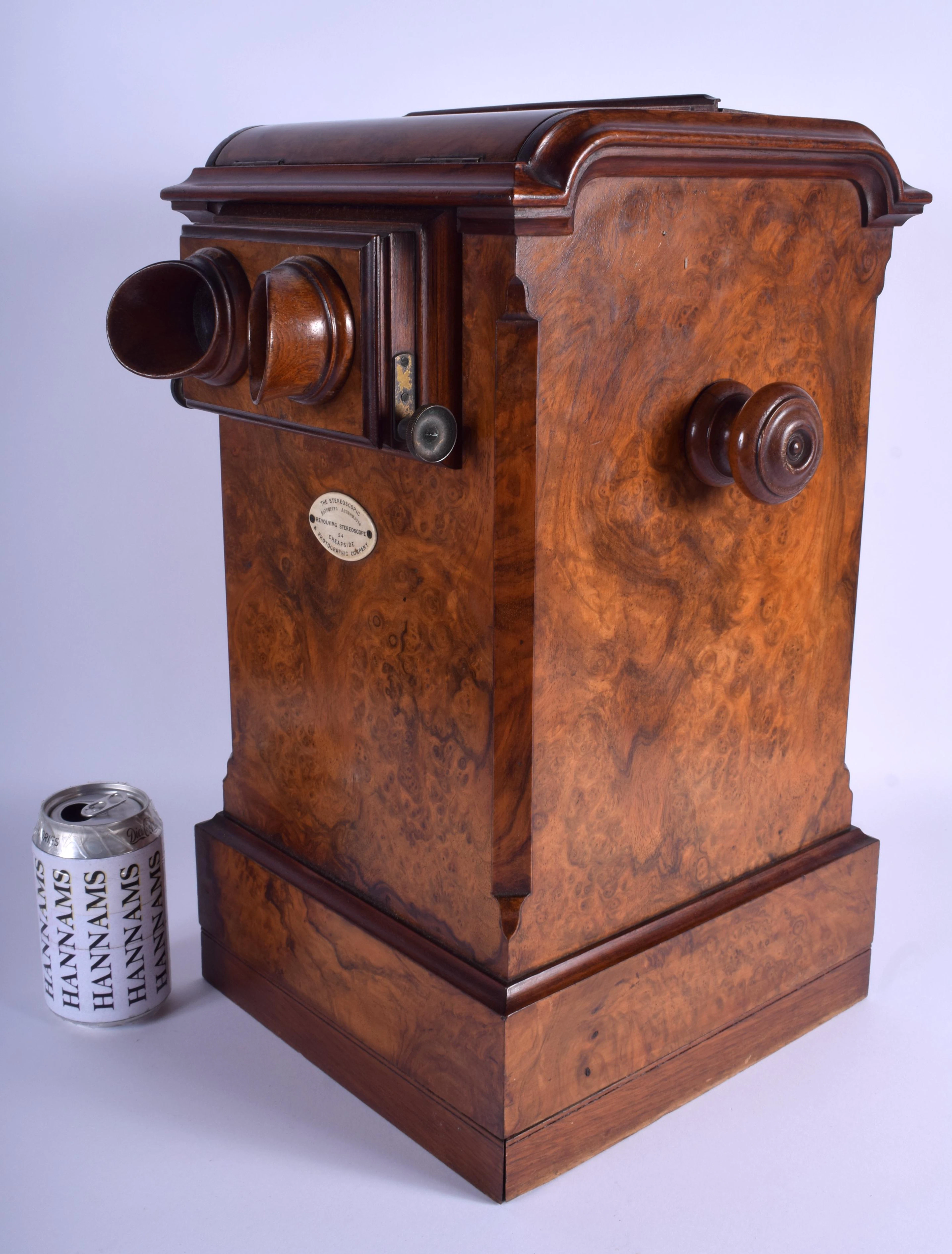 A LARGE ANTIQUE THE STEREOSCOPE BURR WALNUT VIEWER with