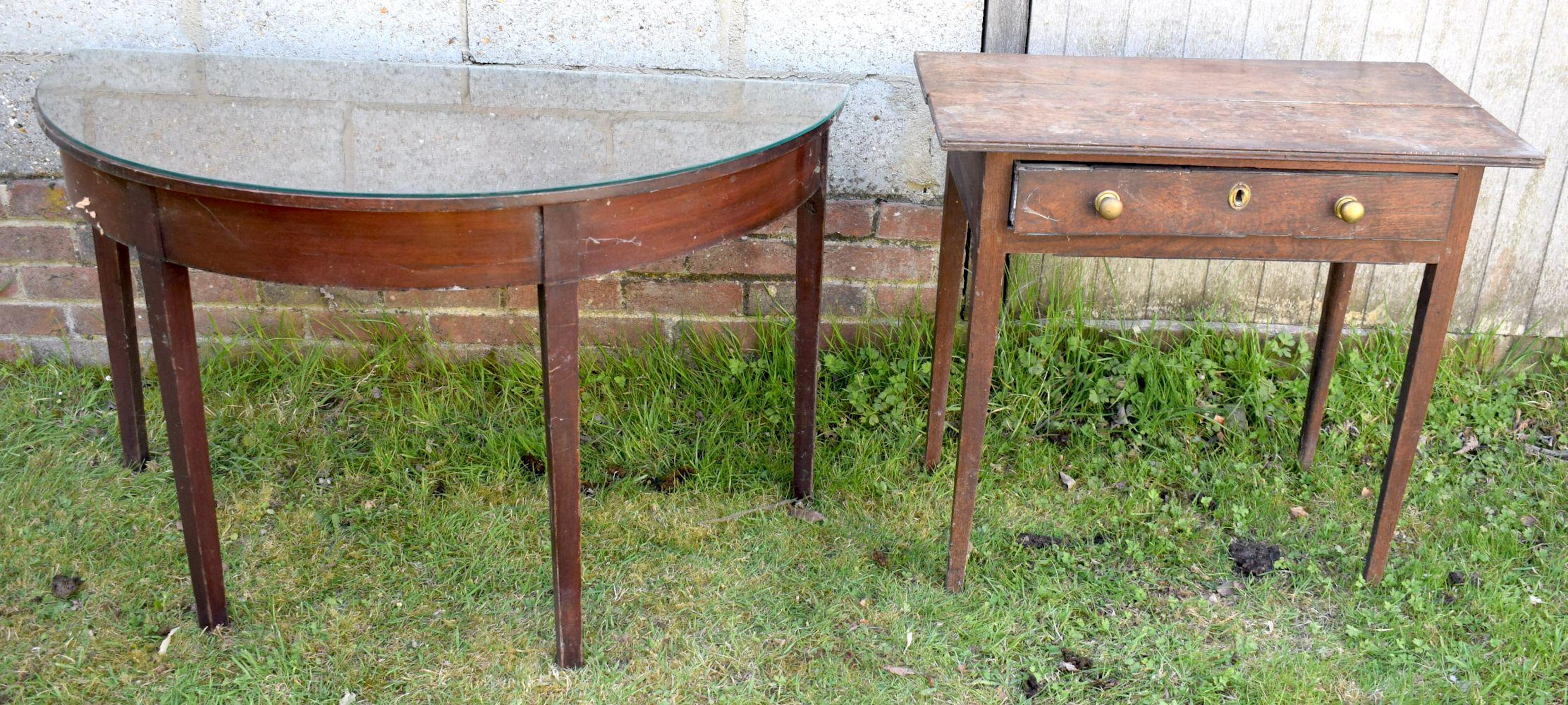 AN 18TH CENTURY OAK SIDE TABLE together with a demi