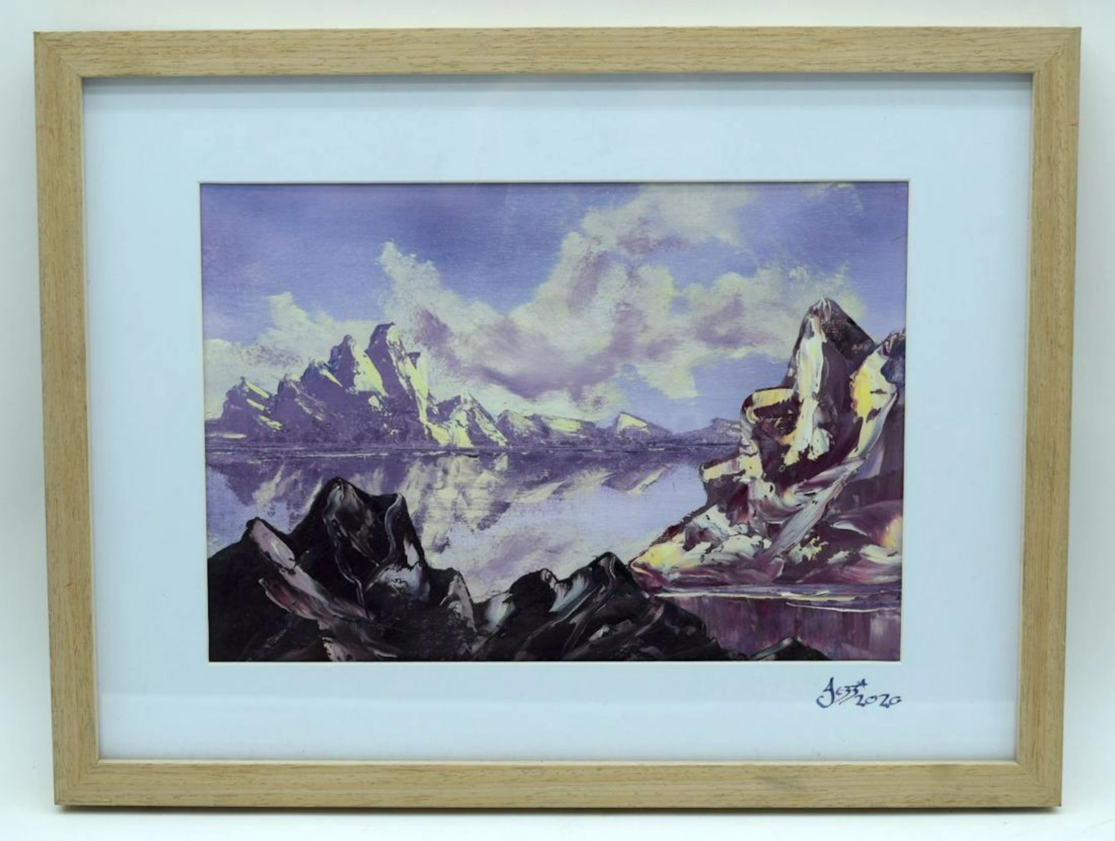 A contemporary framed acrylic on board of a mountainous