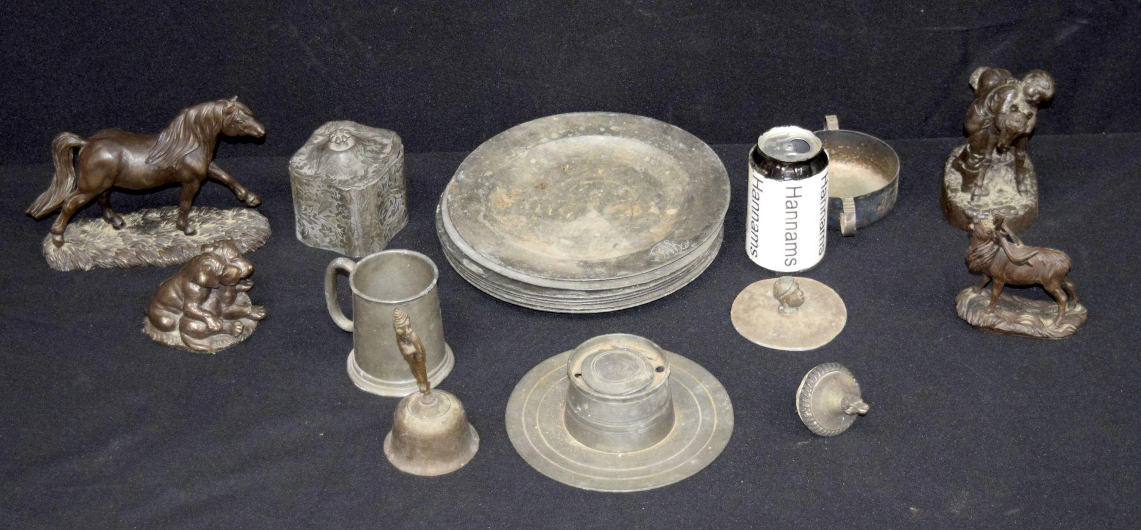 A collection of Spelter animals, pewter plates etc .