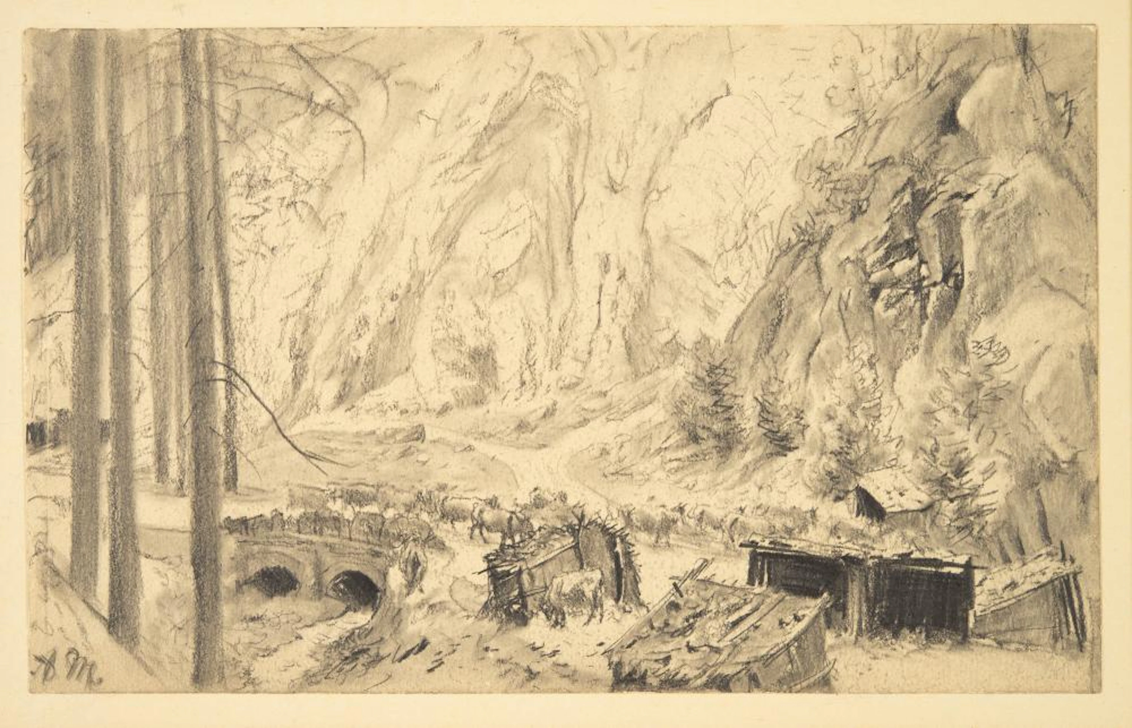 Adolph von Menzel (1815-1905) 'Rocky landscape with cattle crossing a bridge'