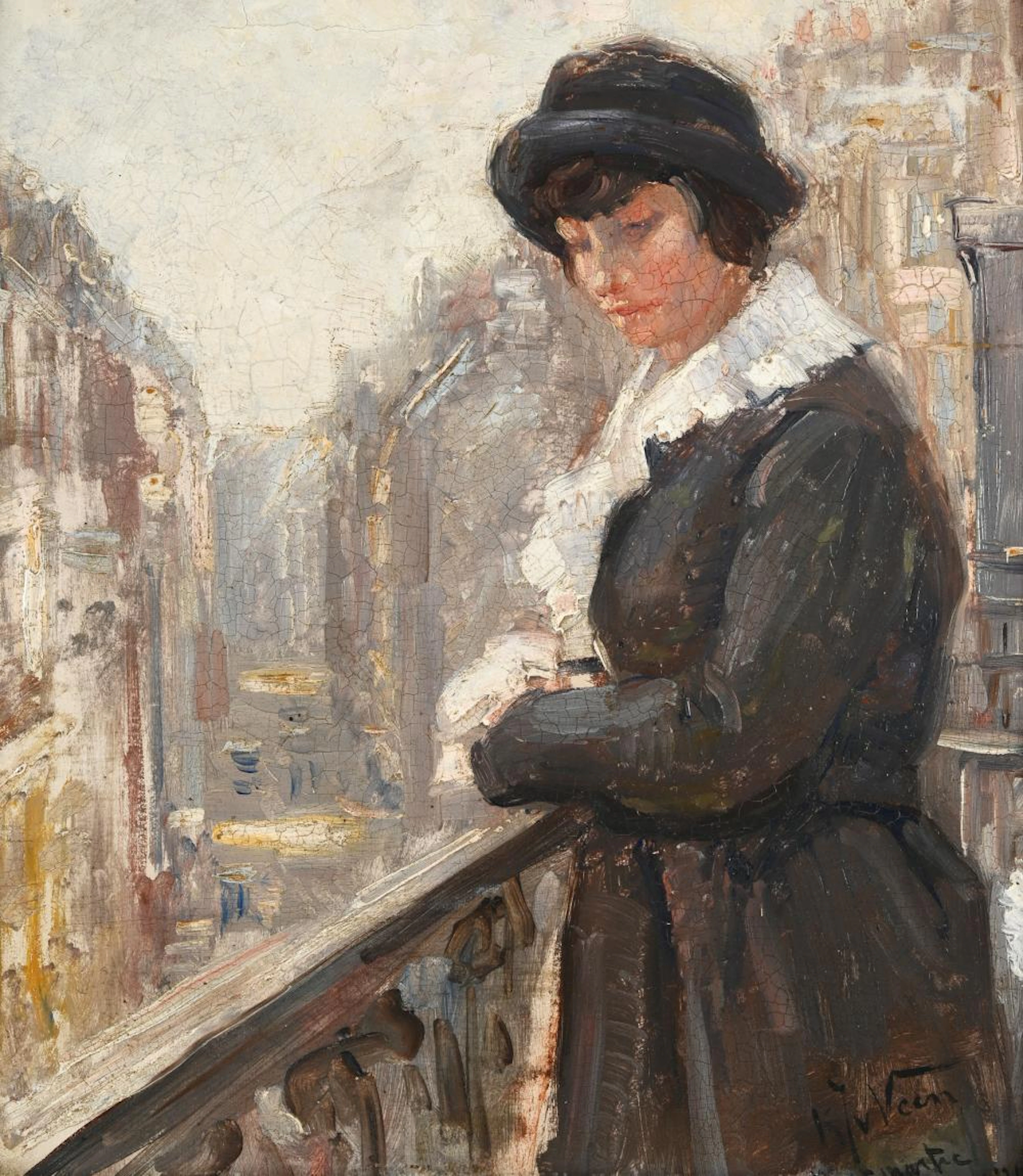 Karel van Veen (1898-1988) 'Lady on a Parisian balcony'