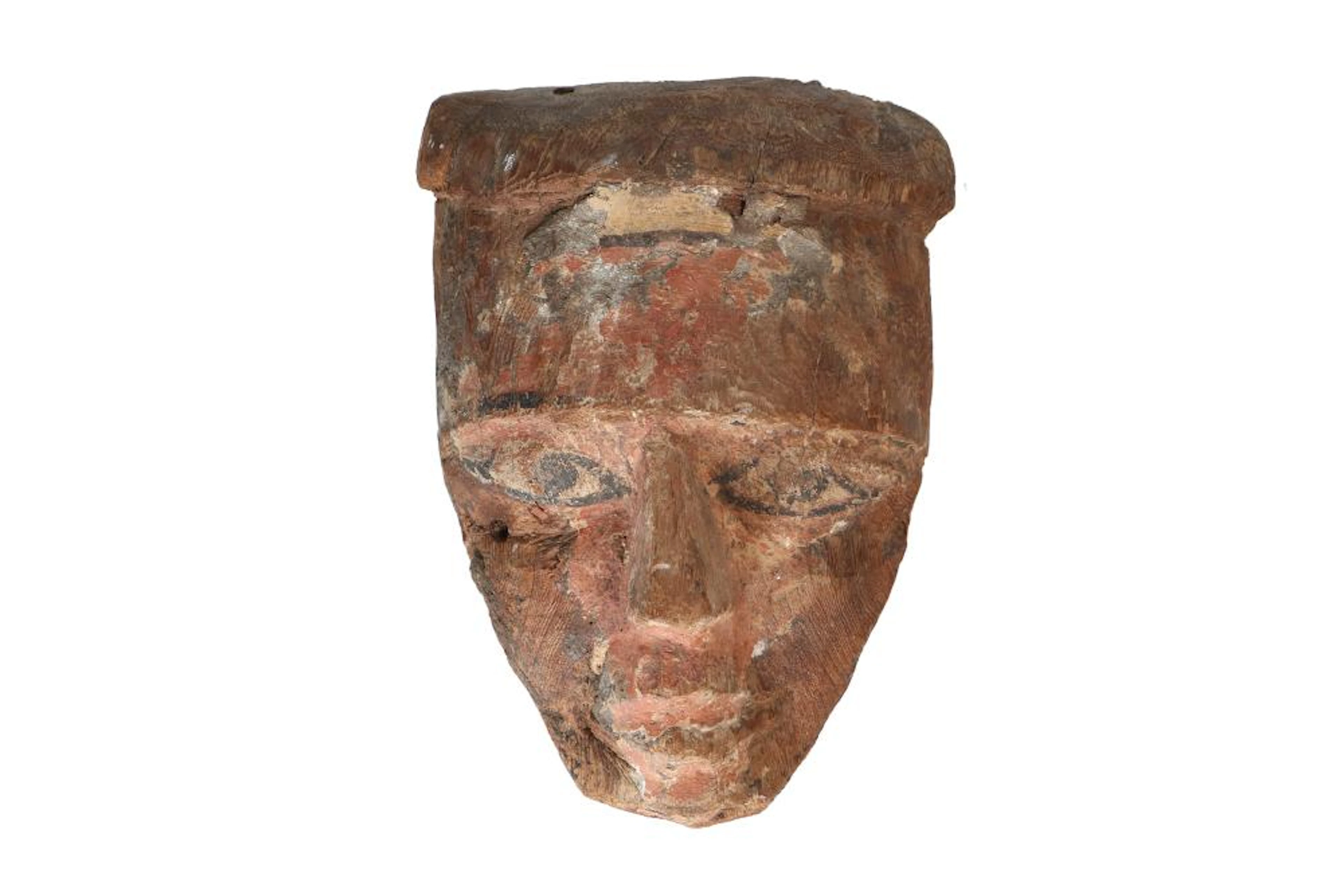 A wooden mask of a sarcophagus, with traces of original polychromy. Late Pe