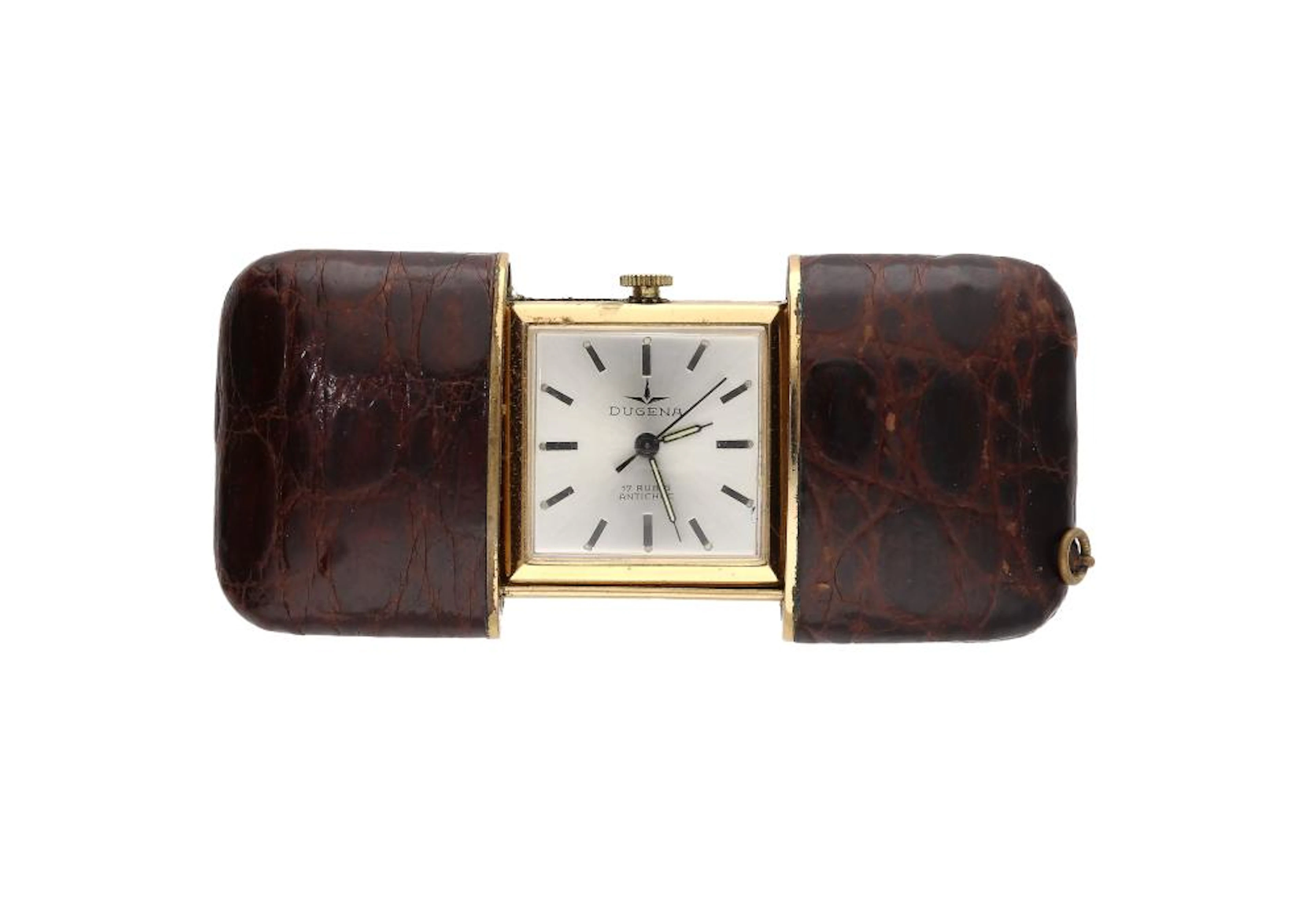 A gilt square watch with rectangular leather outer case by Dugena