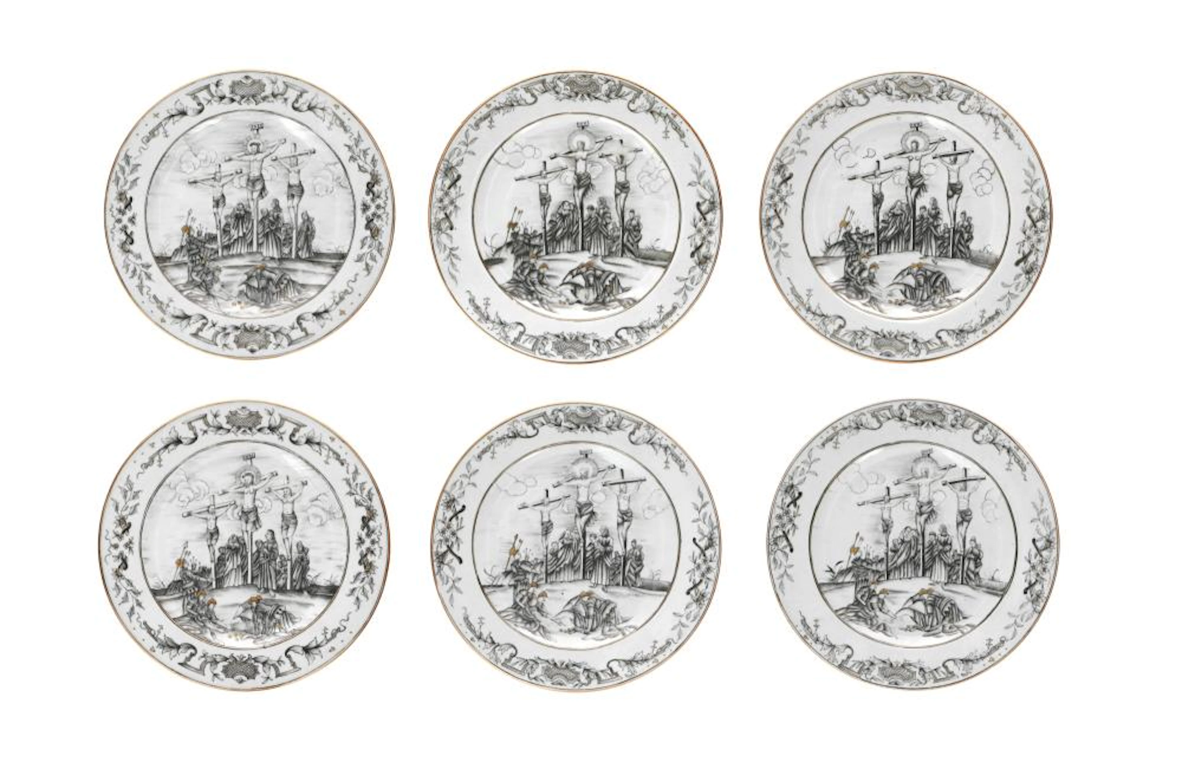 A set of six encre de Chine porcelain dishes