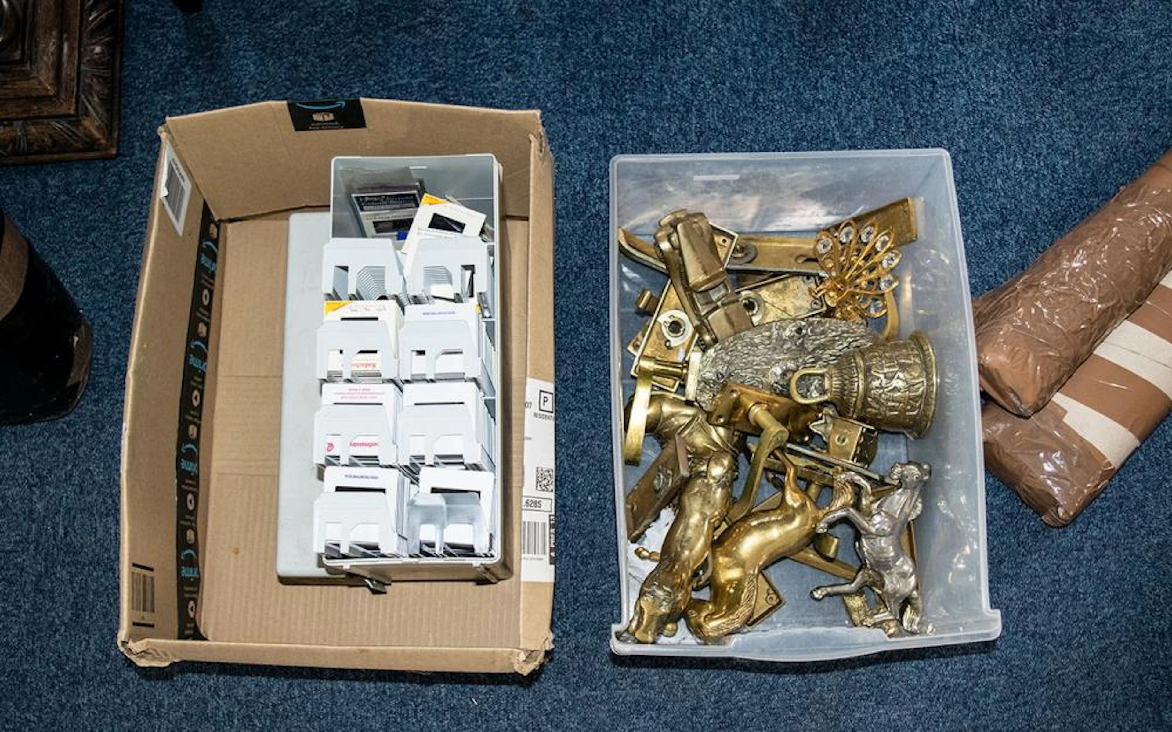 A Box of Brassware & Box of Projector Slides. Brassware to include assorte