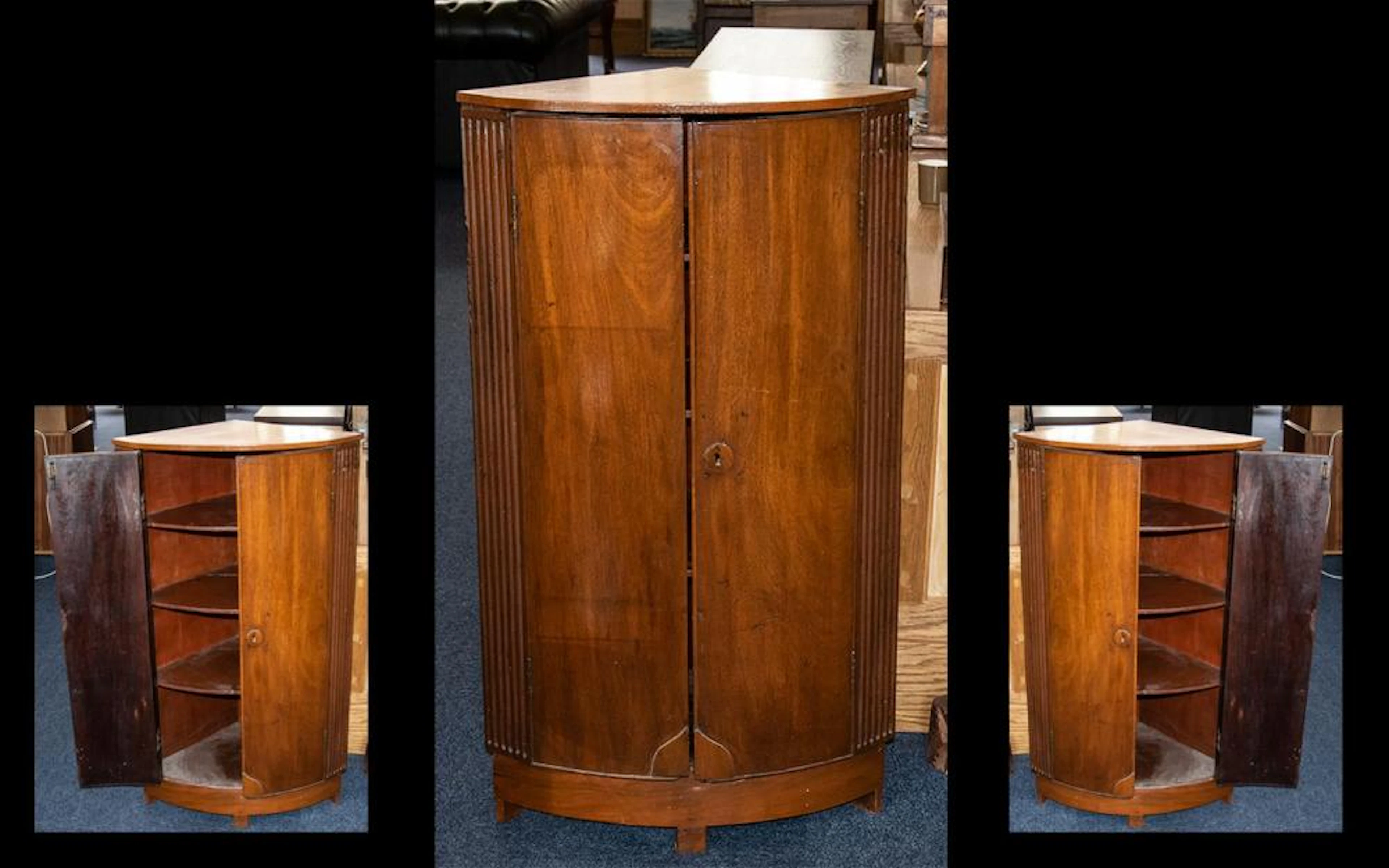 Mid 20th Century Mahogany Corner Unit - with two doors, three internal shel