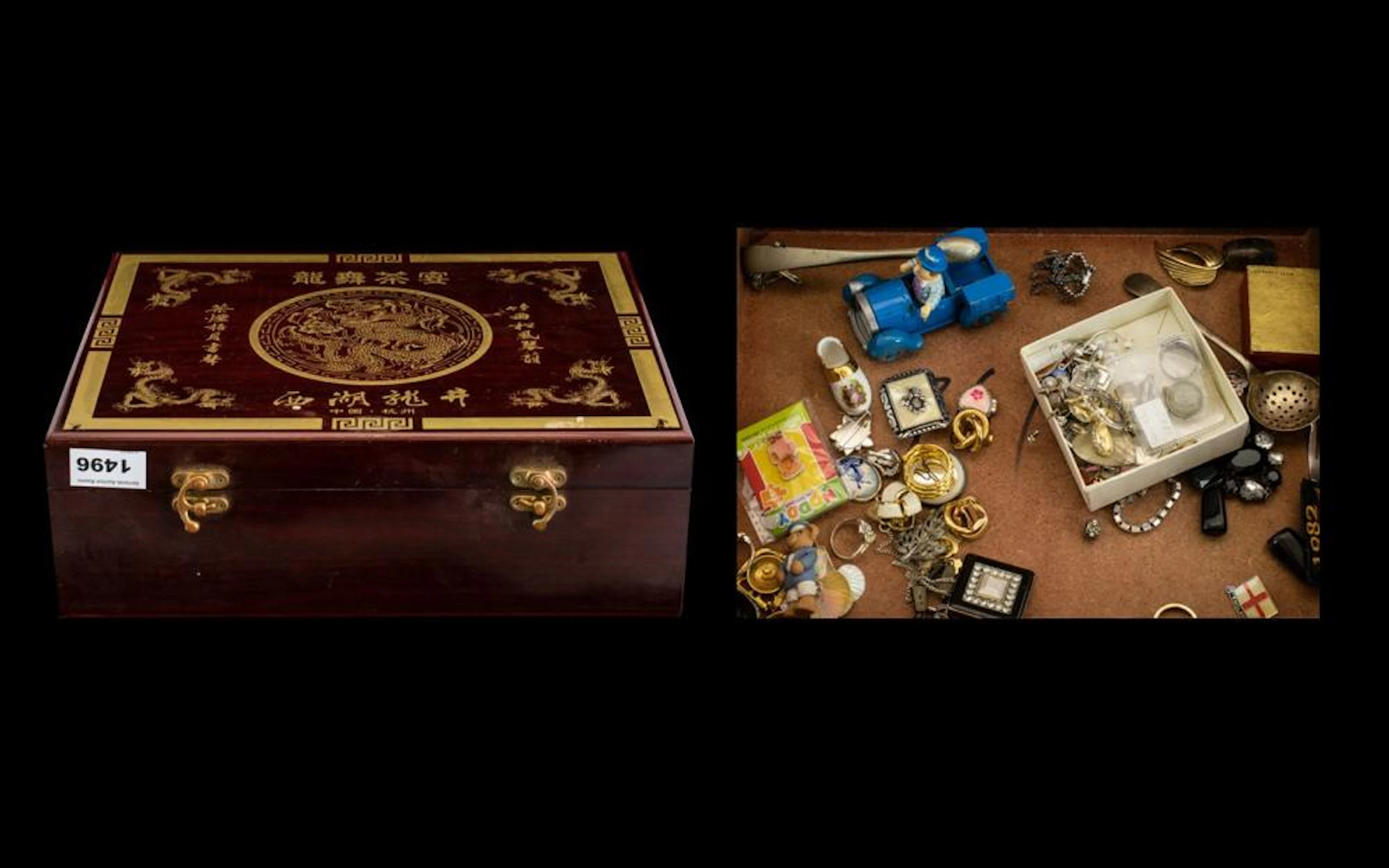 A Chinese Style Box containing various collectables. To include assorted co