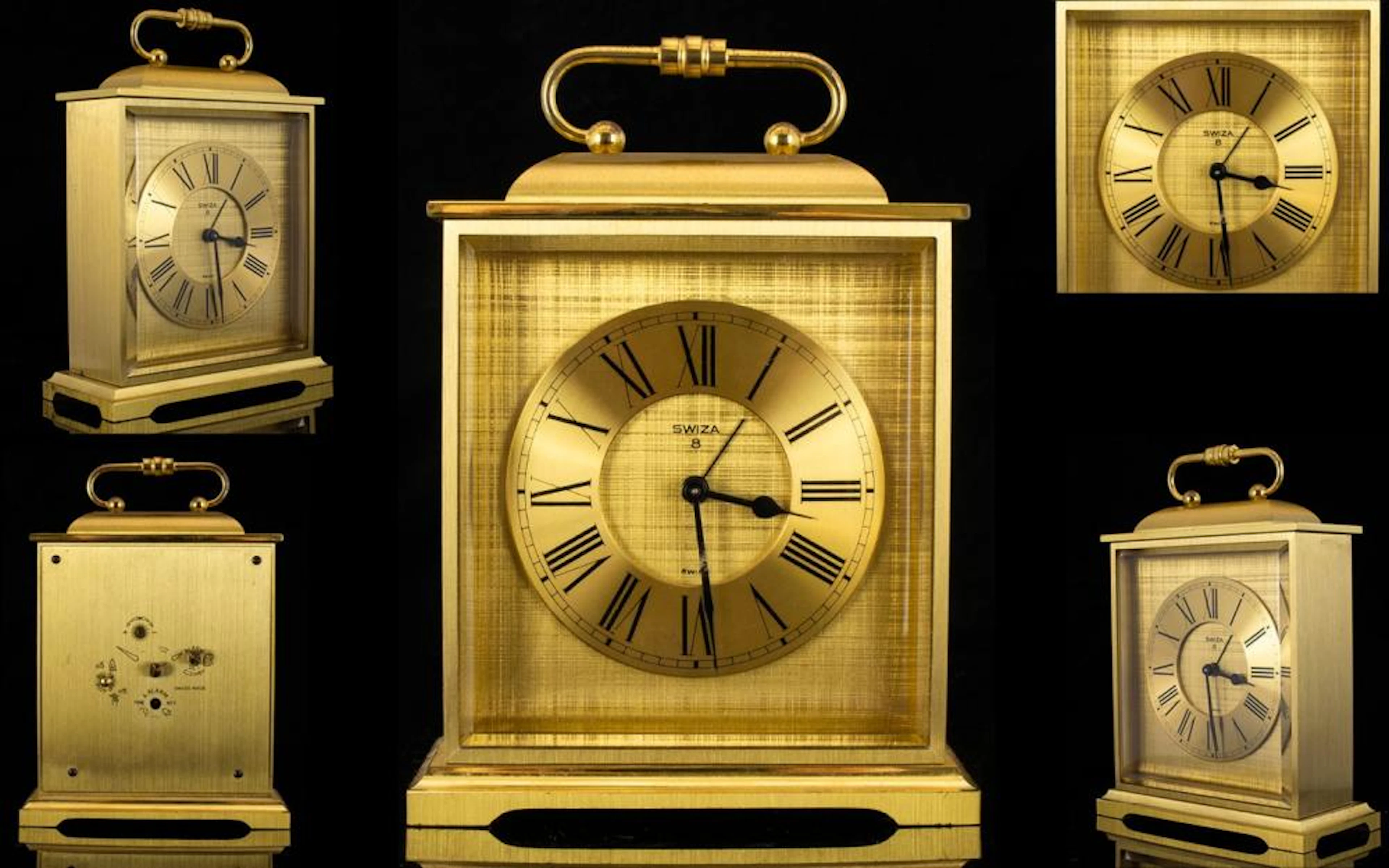 A Brass Travelling Clock Comprising gilt chapter dial with Roman numerals,