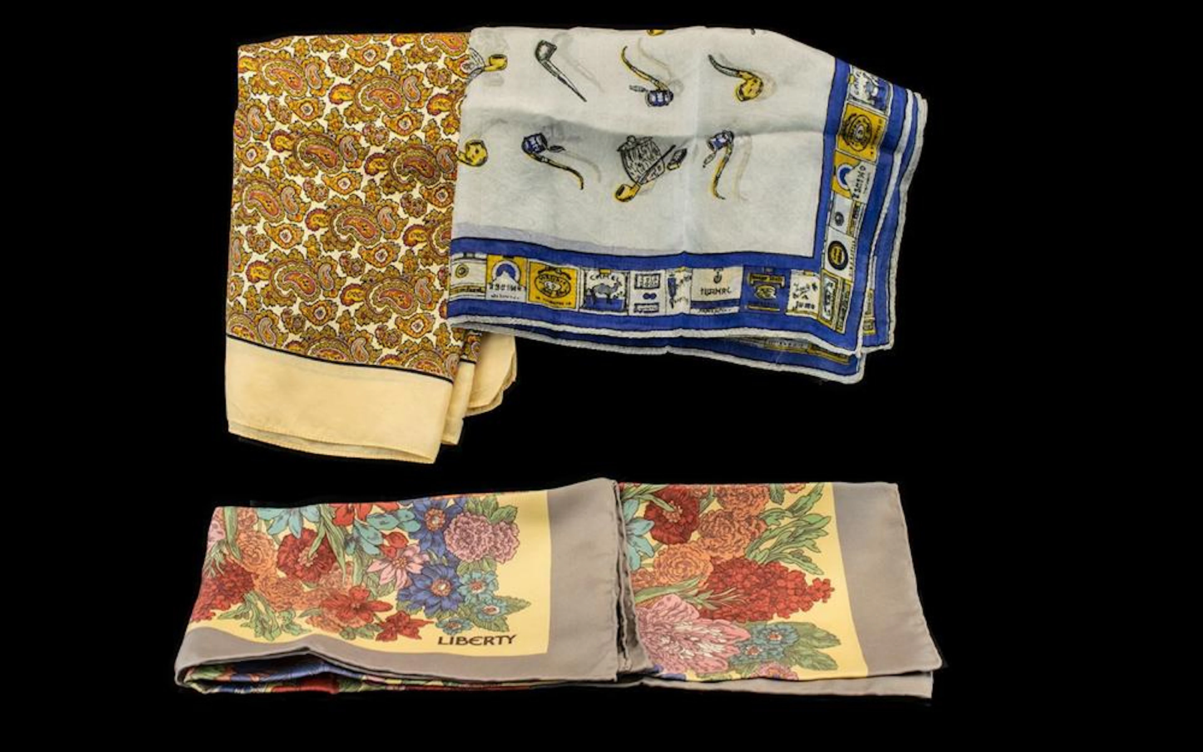 Liberty of London Vintage Silk Scarves. Liberty gold and cream paisley pat