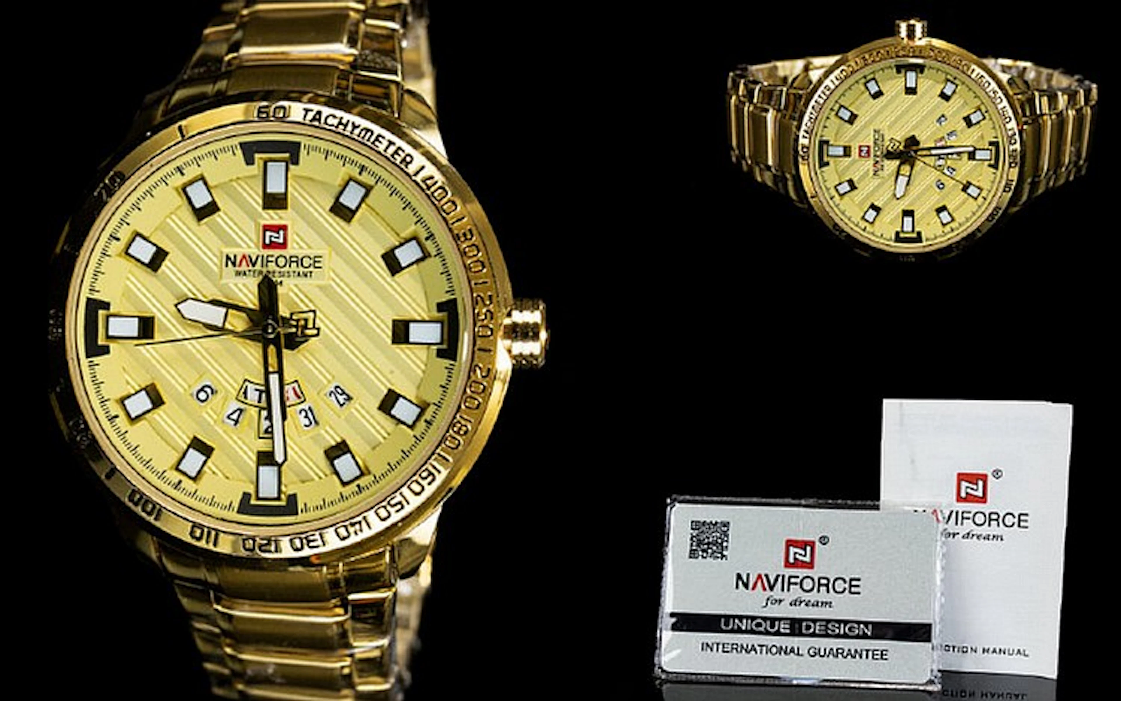 Naviforce Mens - Gold Plated Steel Day / Date Sports Wrist Watch