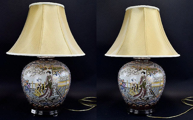 A Pair Of Large And Ornate Oriental Ceramic Table Lamps Two in total, each