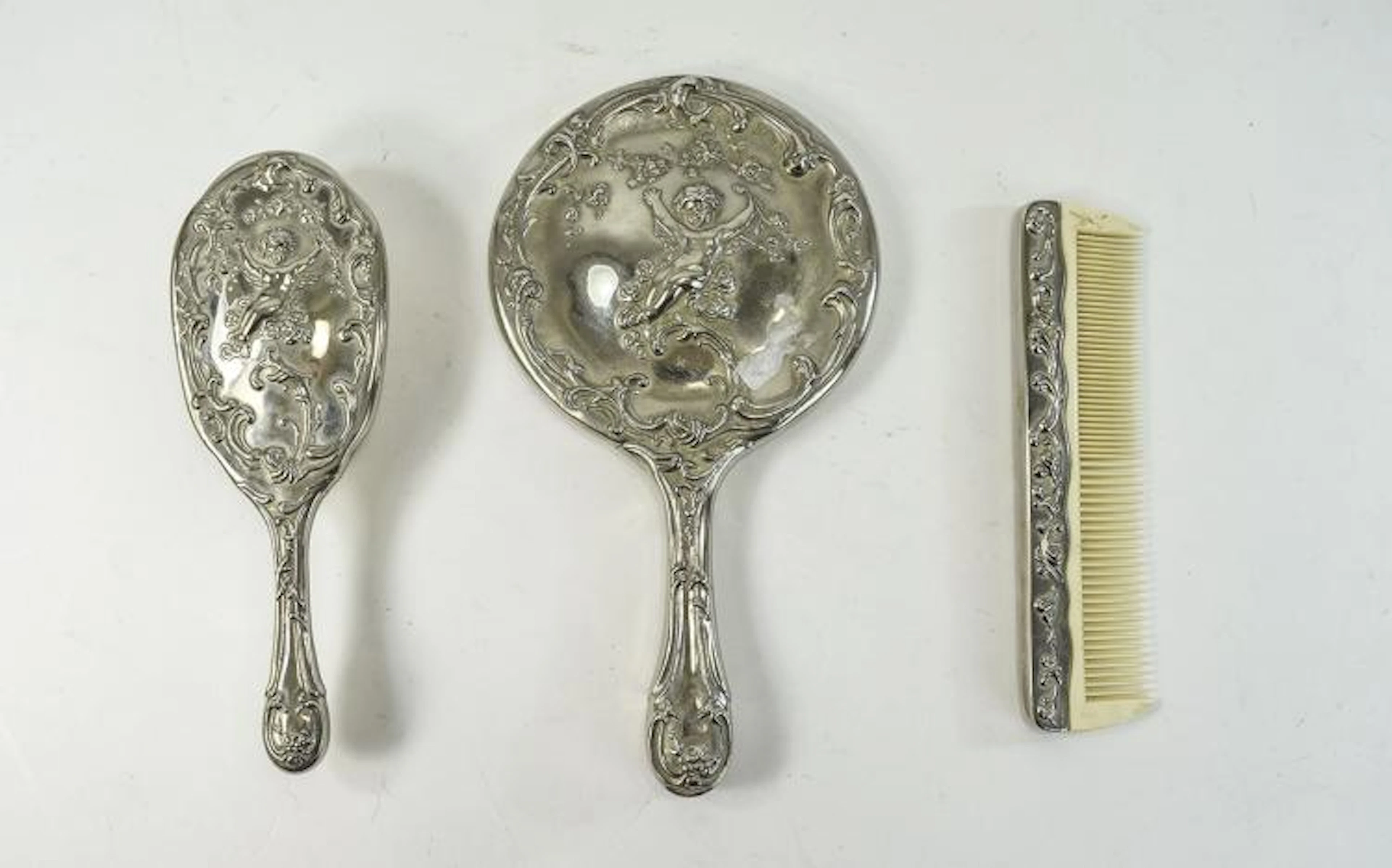 Ornate Metal Silver Tone Three Piece Dressing Table Vanity Set. Decorative