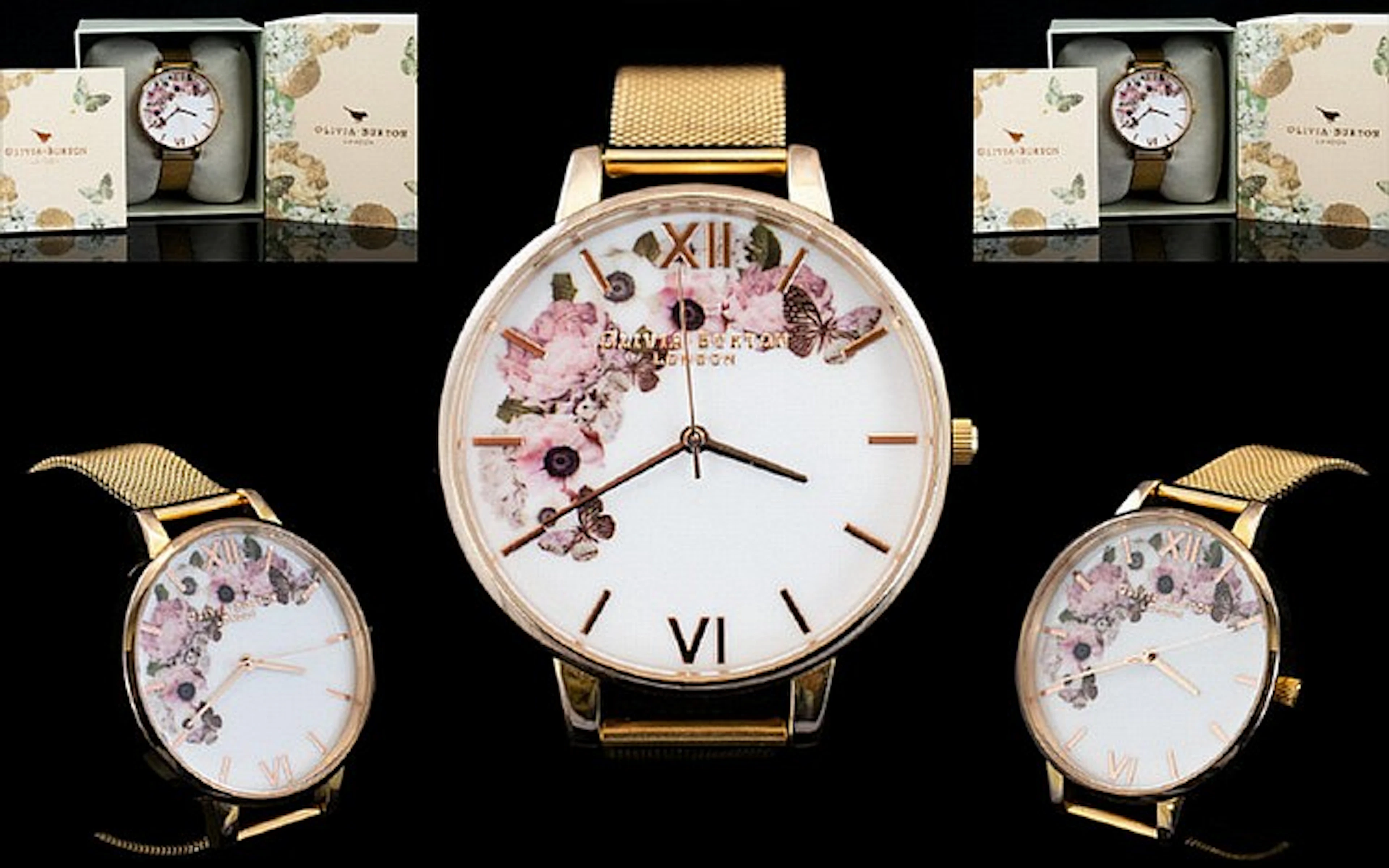 Olivia Burton Marble Floral Rose Gold Mesh Watch