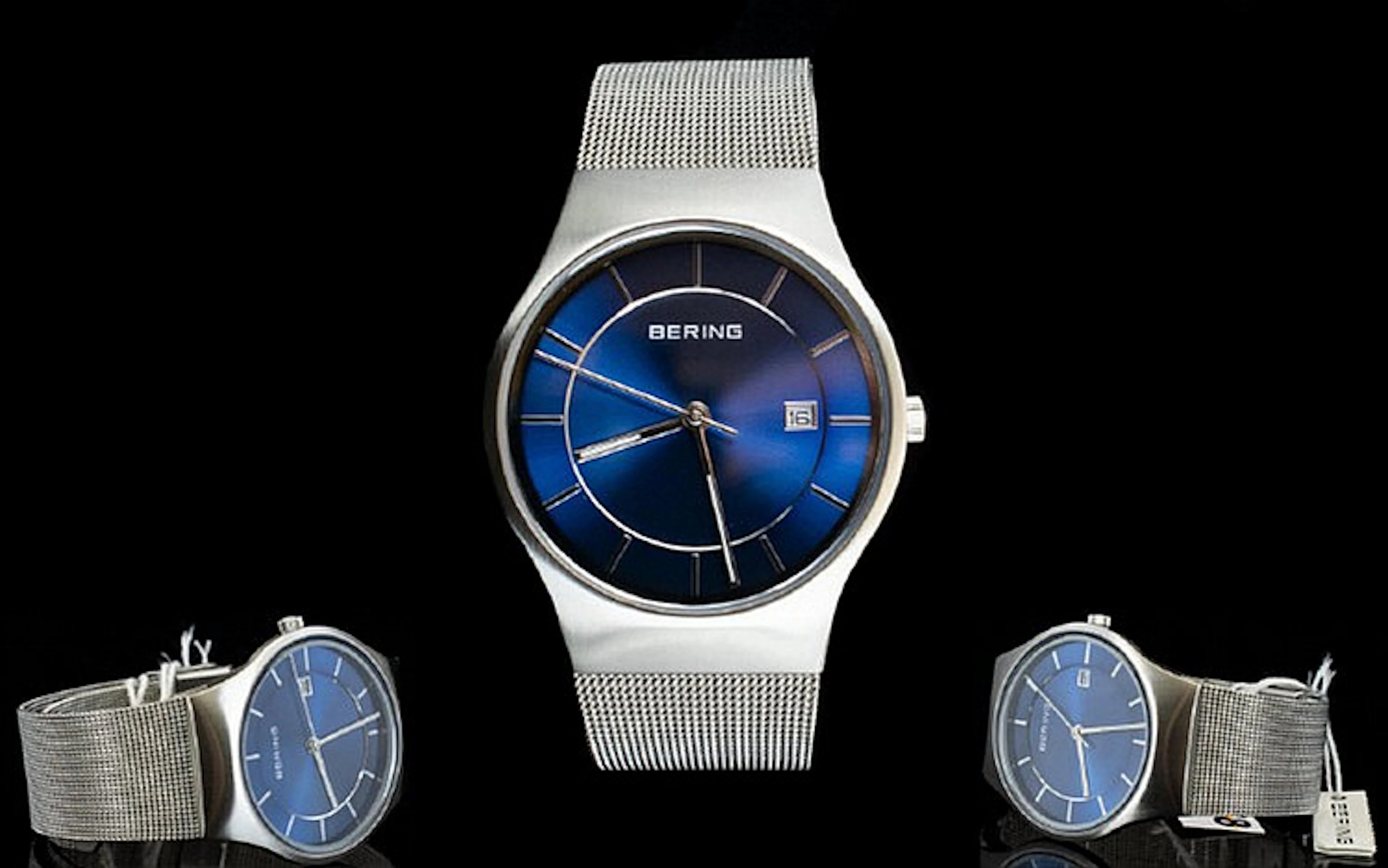 Bering Mens Brushed Silver Milanese Mesh Strap Watch With blue dial