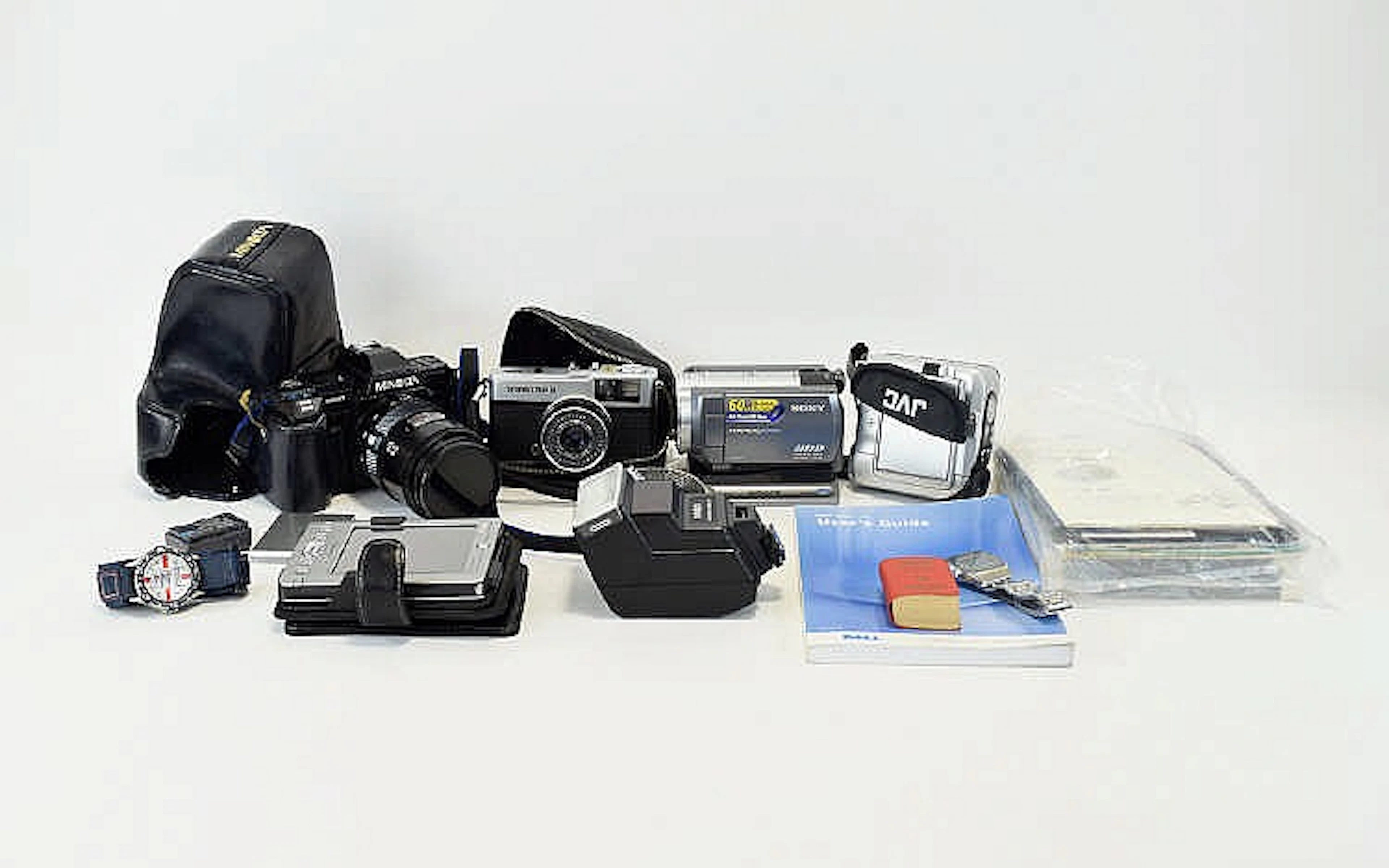 Box of Cameras/ Watches including Sony Handycam 12x Optical zoom with user
