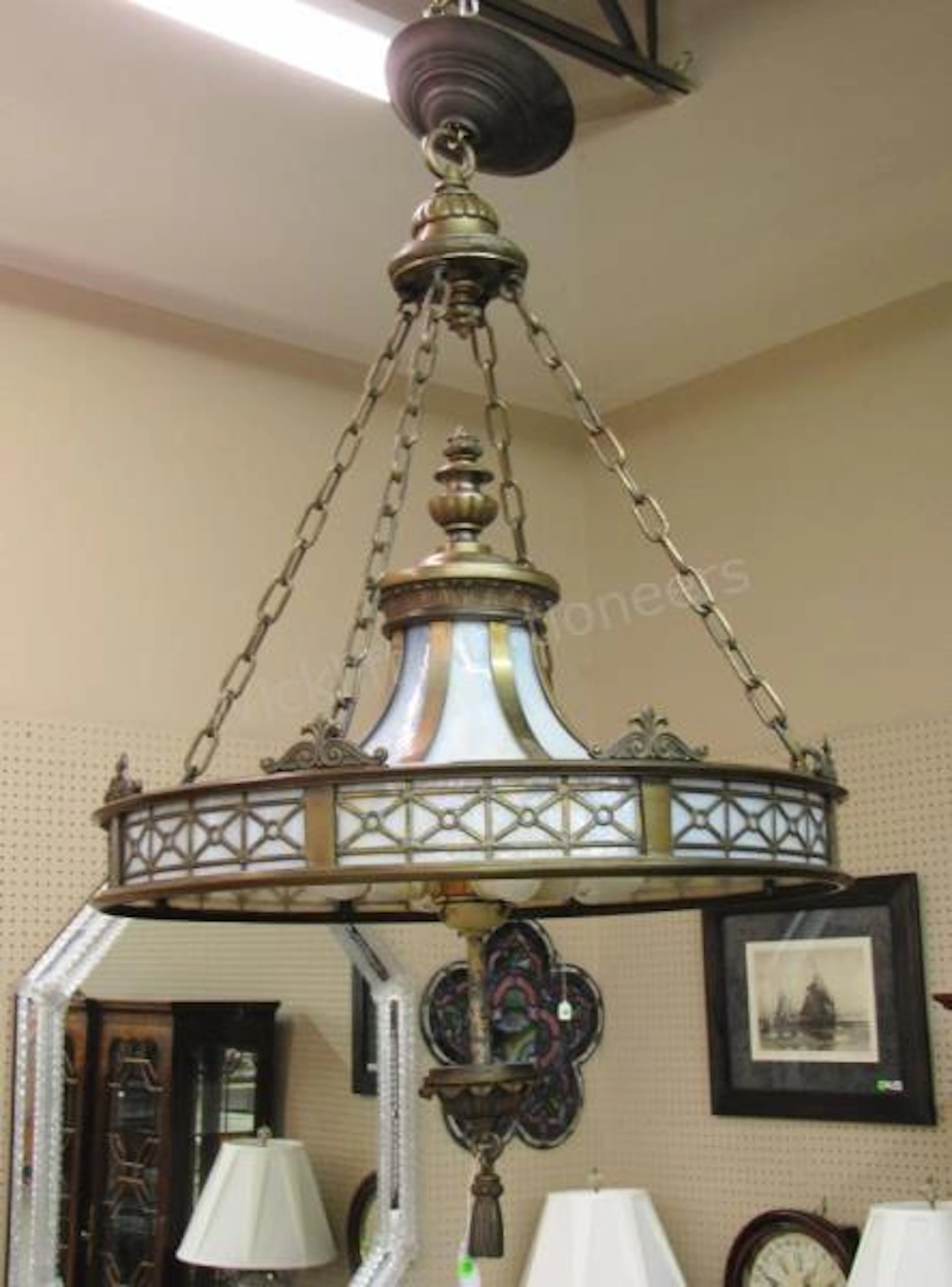 Slag Glass and Bronze Chandelier