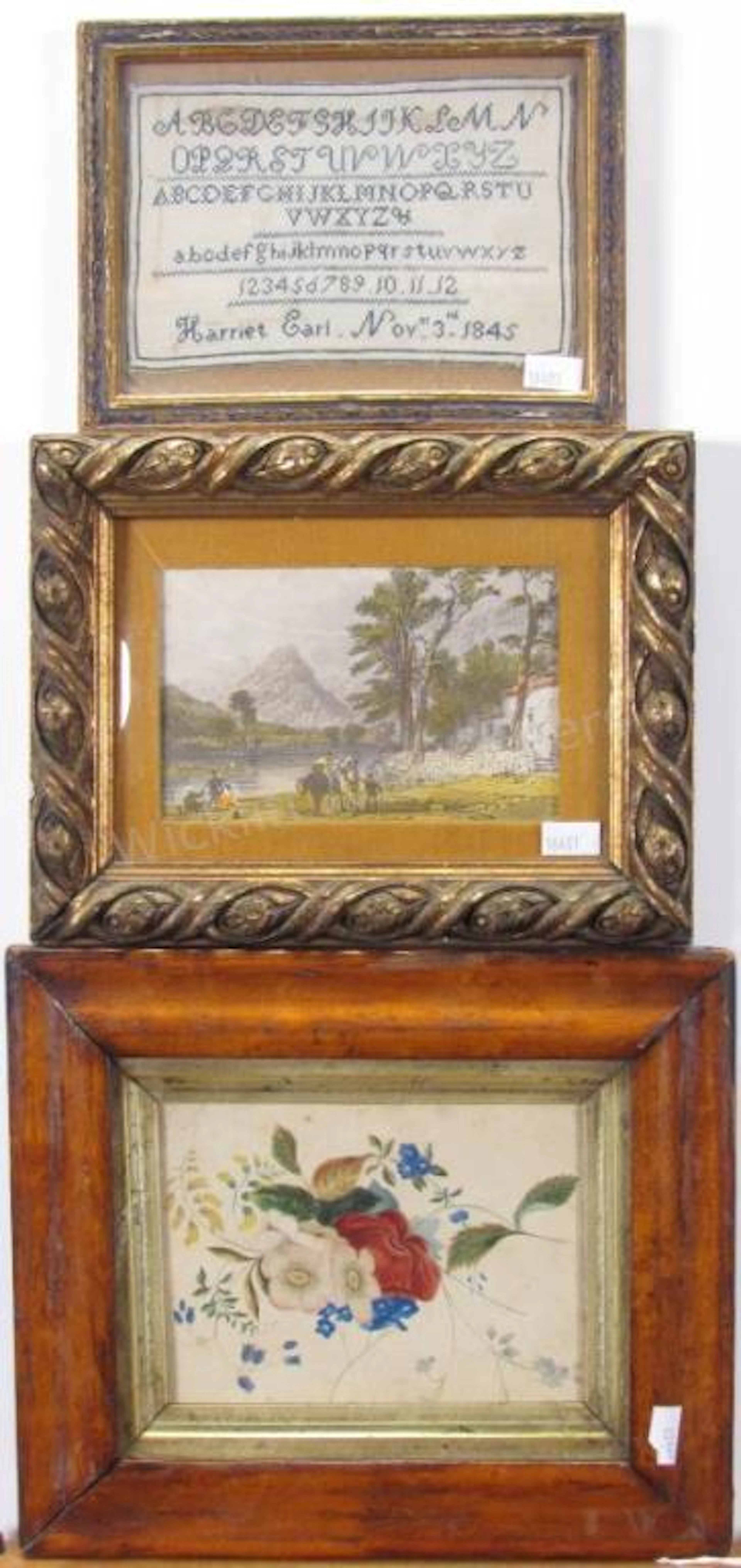Three Framed 19th C Decorator Items, Sampler