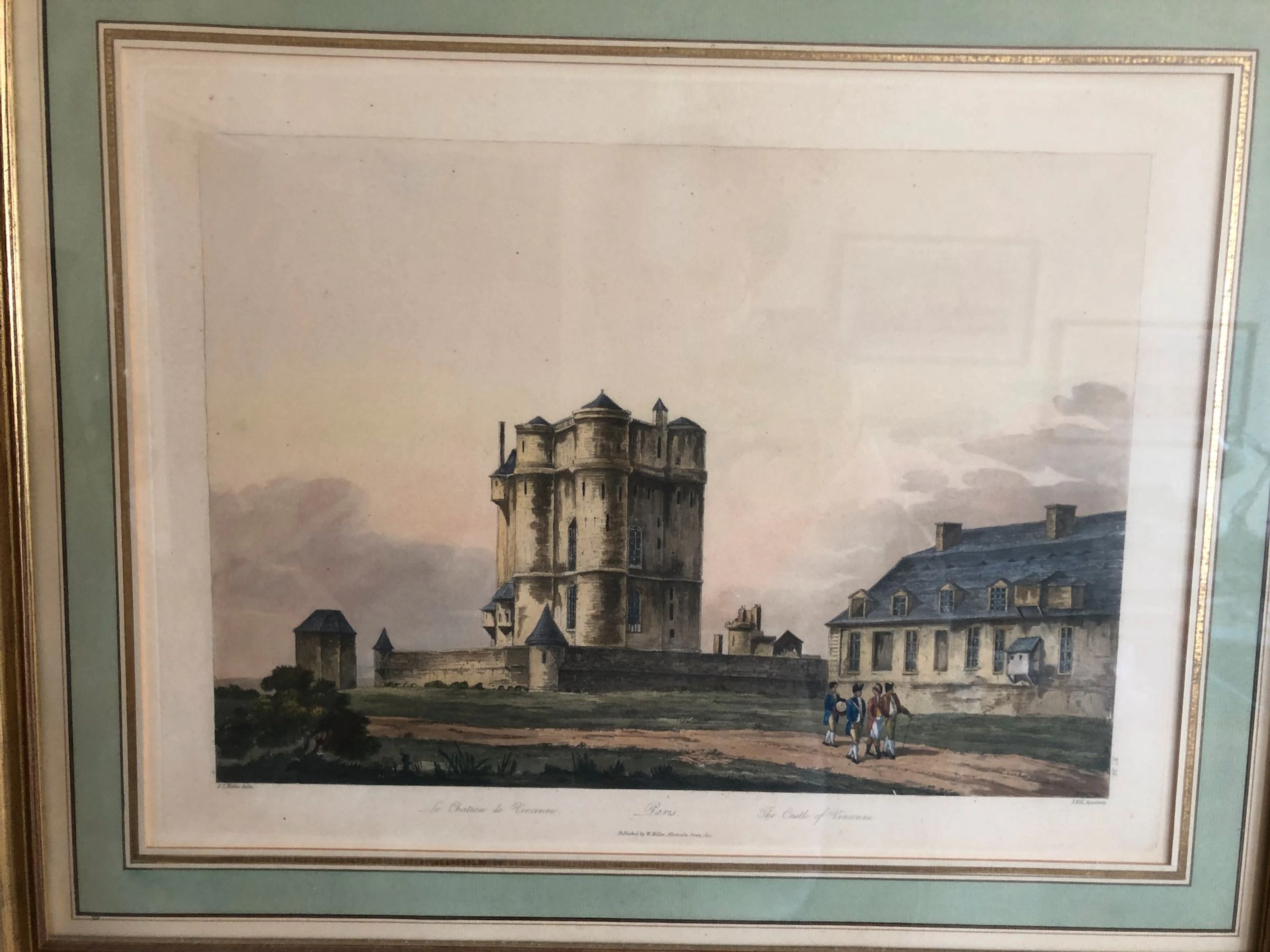 Gravure anglaise en couleur figurant le château..