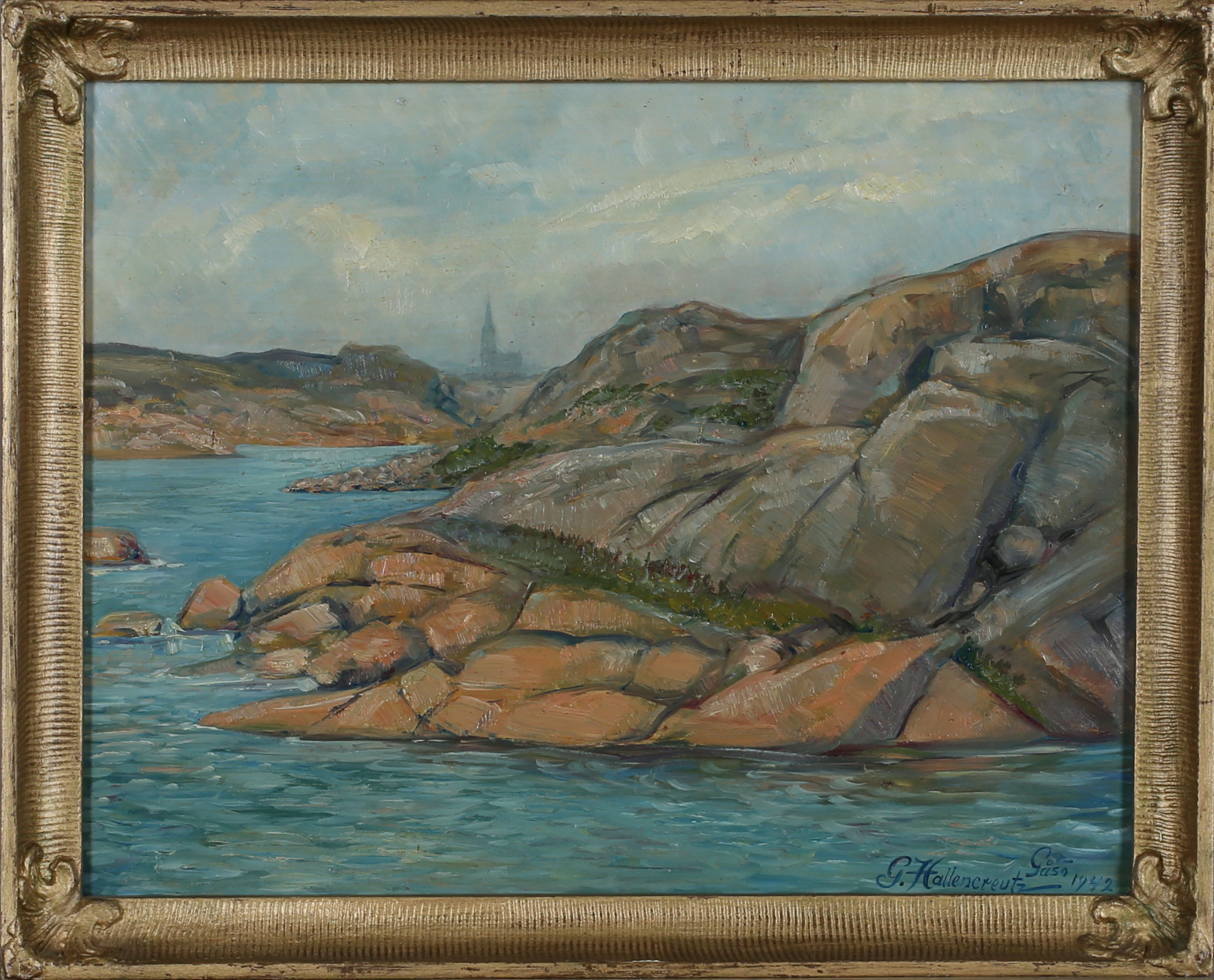 GÖSTA HALLENCREUTZ. "Gåsö", olja på pannå, signerad och daterad Gåsö 1942.