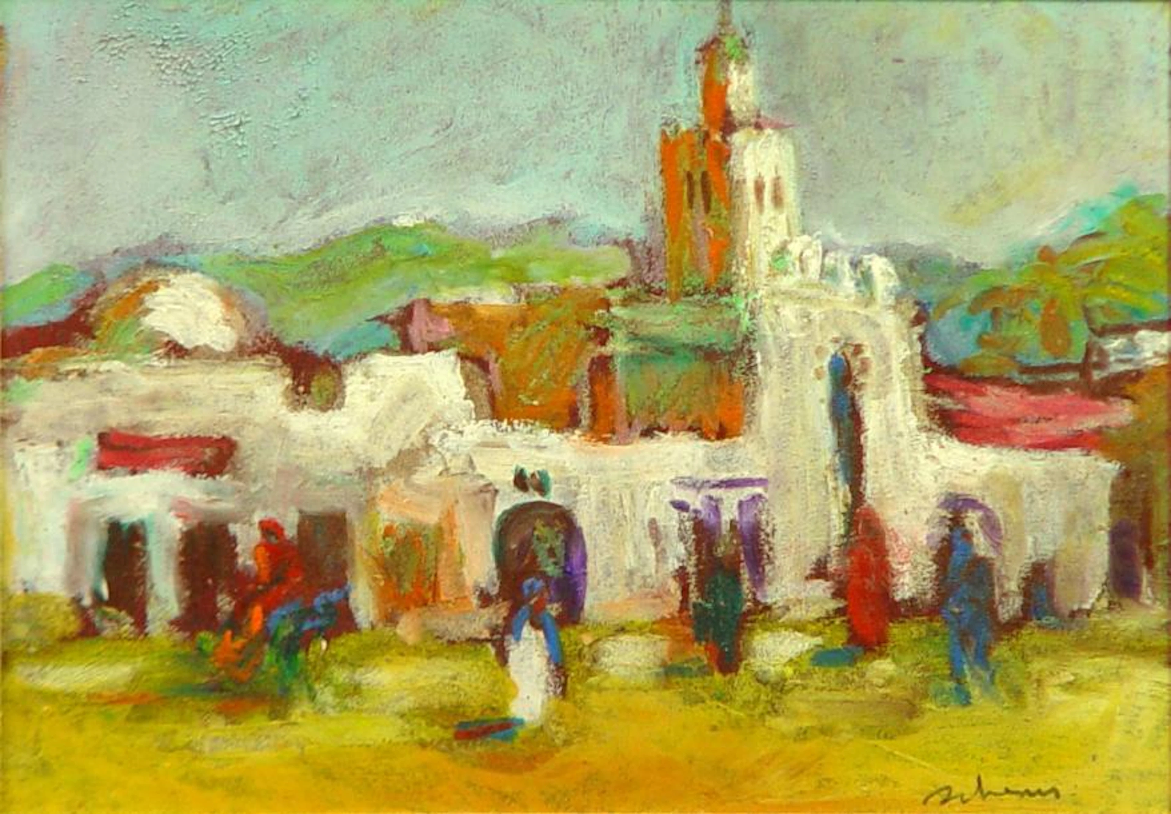 Eddine Sahraoui SCHEMS *"Village oriental" Peinture sur papier...