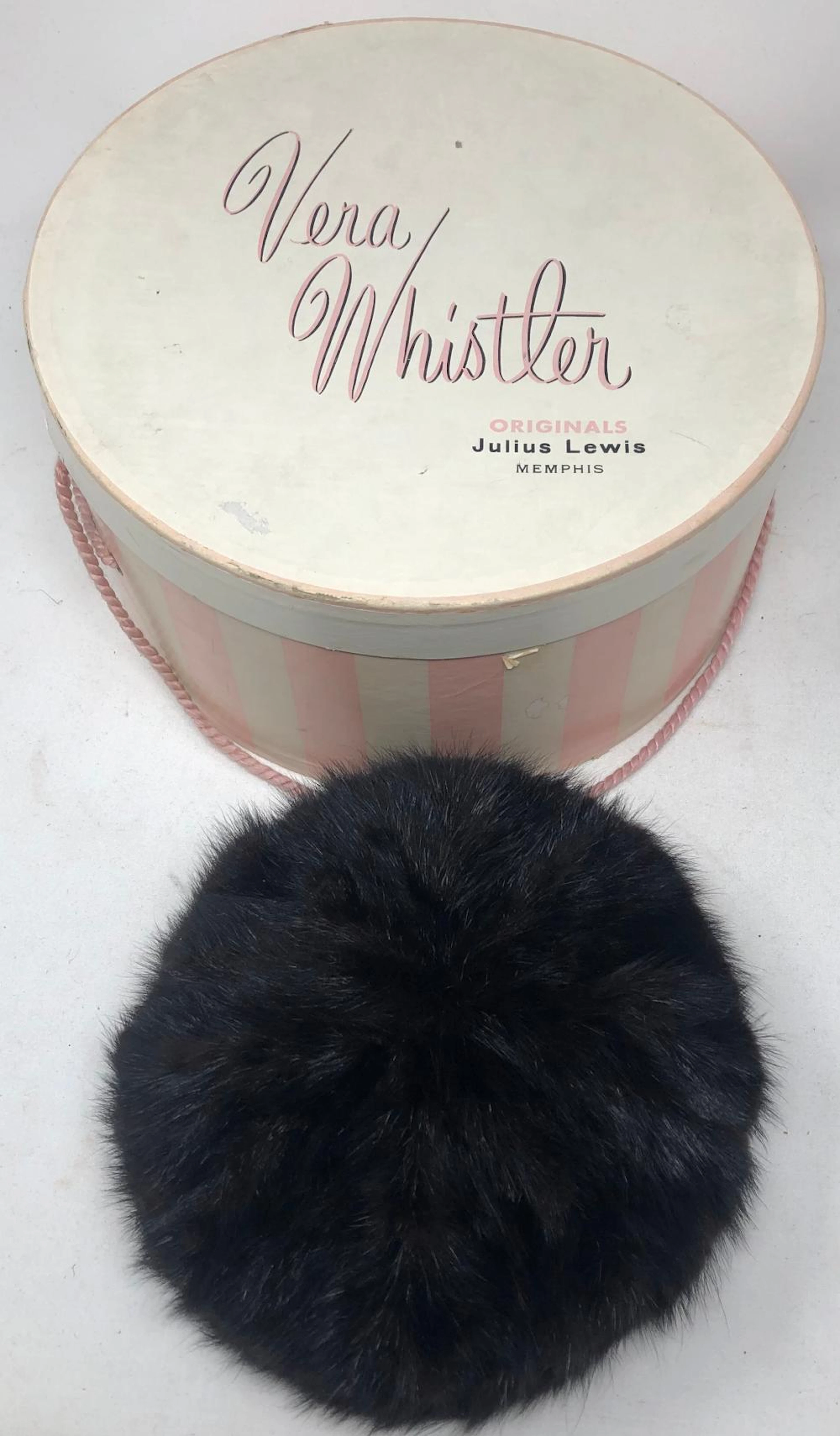 Late 1950's, mink pillbox hat in original box (Vera Whistler),