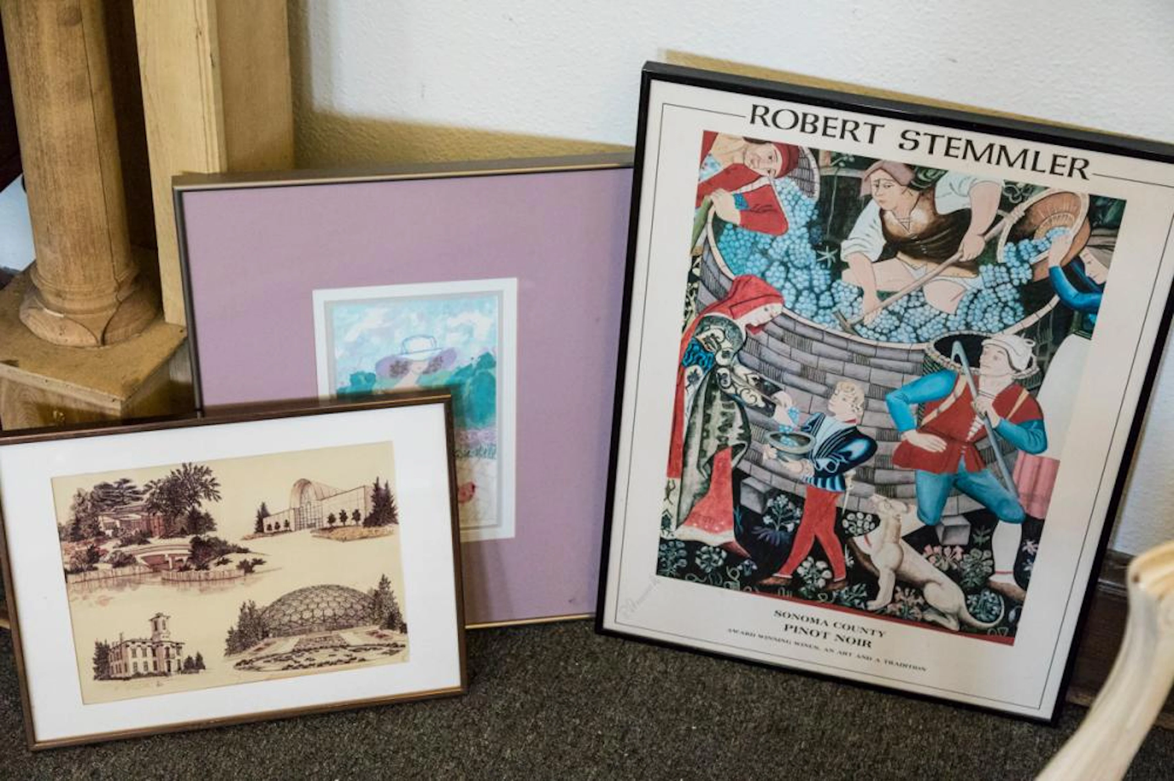 Three framed prints: Botanical Gardens, Sonoma County Poster and print of a woman.