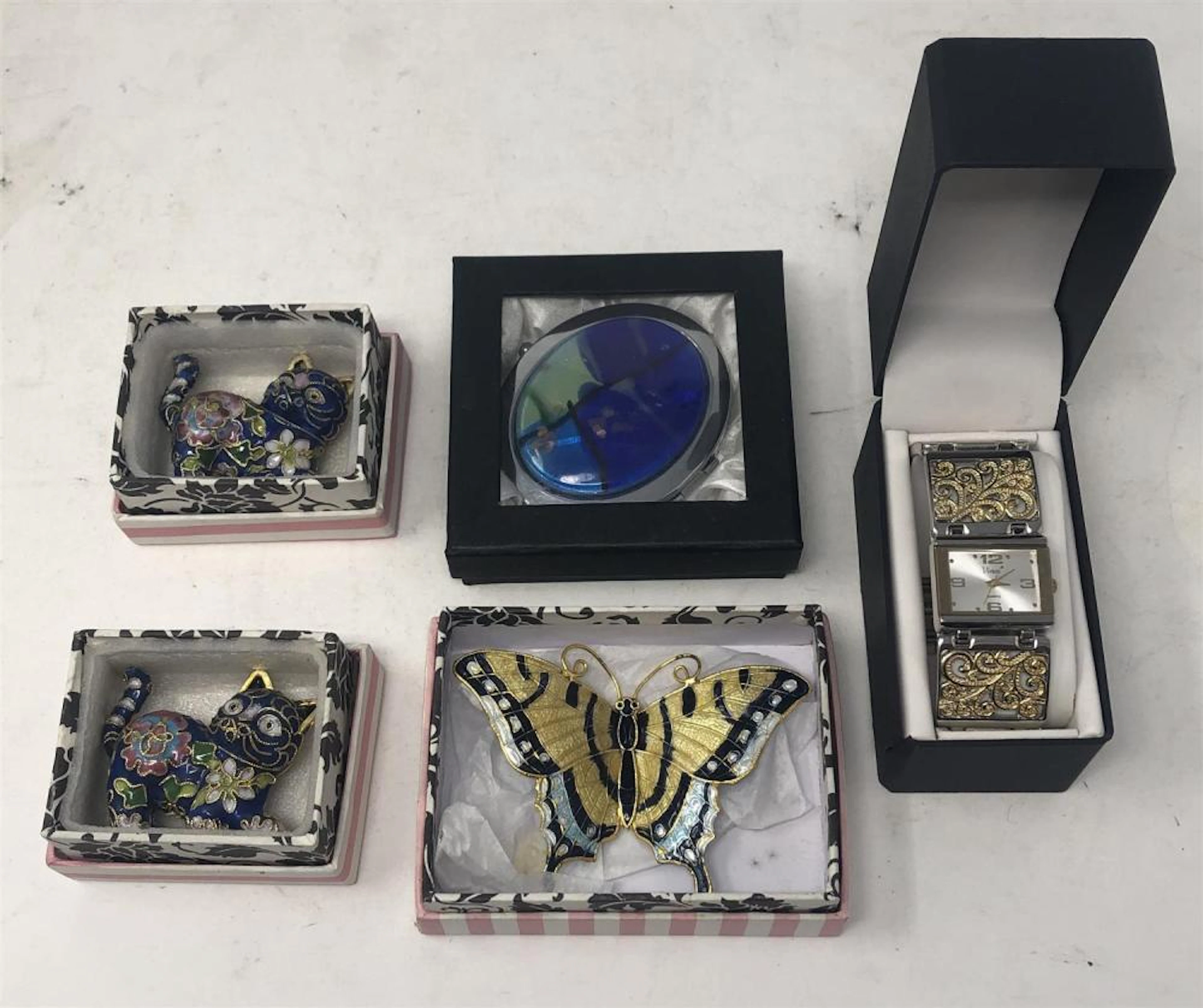 Two Chinese Cloisonne cat figures, 2 x 2 in; enamel painted butterfly magnet pin, 3 1/2 in