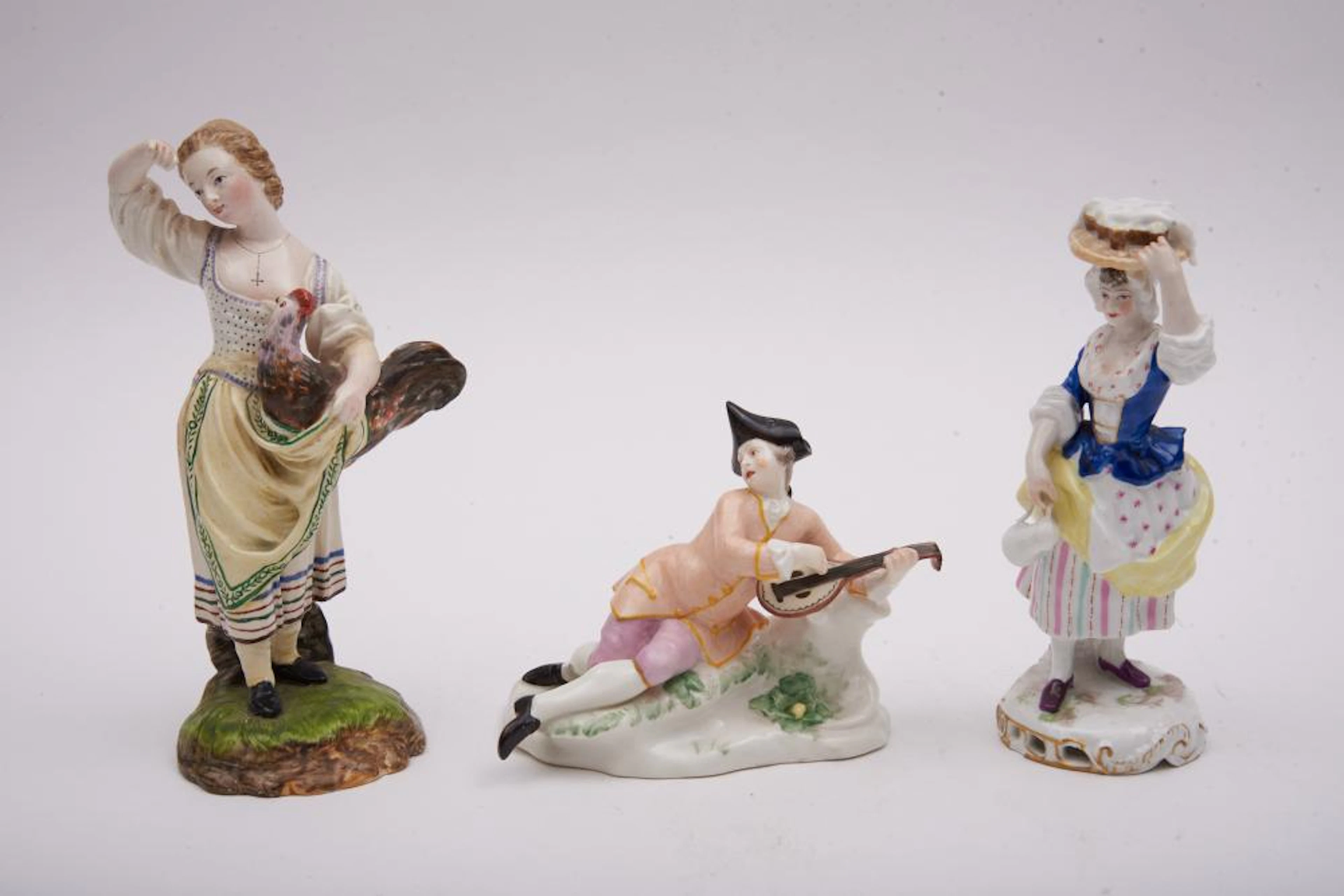 3 Continental Porcelain Figurines, 19th Century, Hoechst and Nymphenburg Height of tallest figure 7.5"