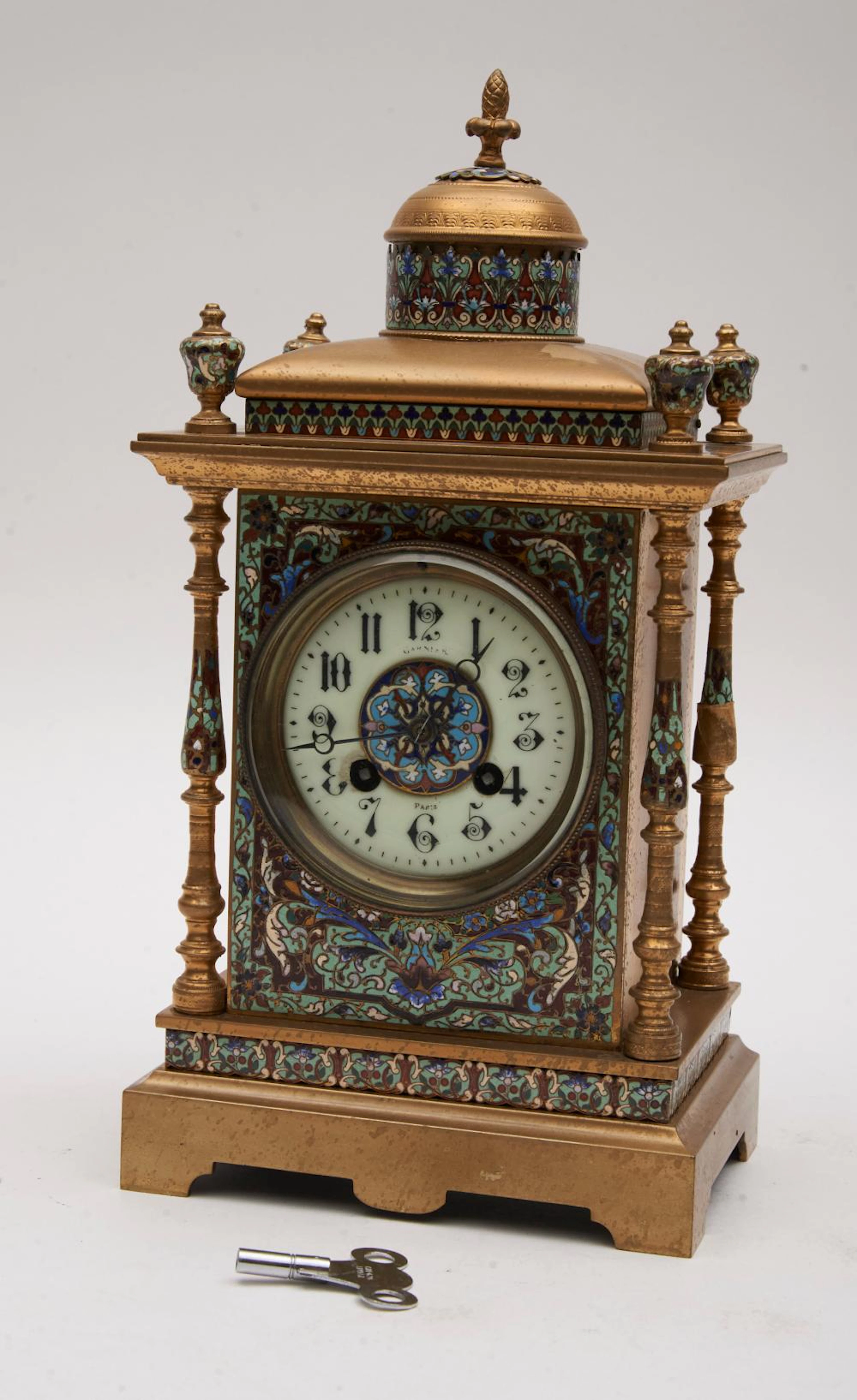 French Gilt Metal and Champleve Enamel Clock 14" Tall