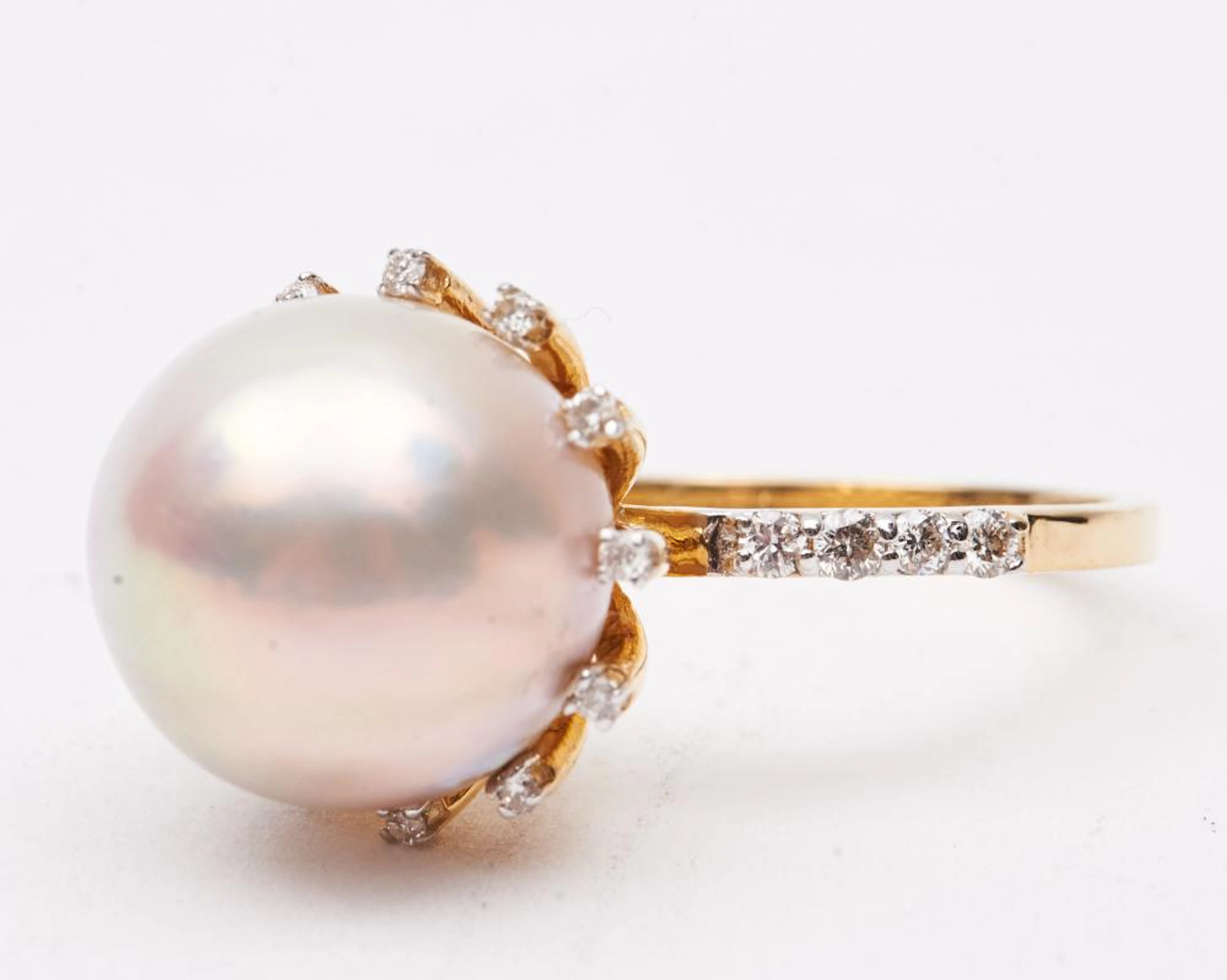 18K Yellow Gold Pearl With Diamond Handmade Ring