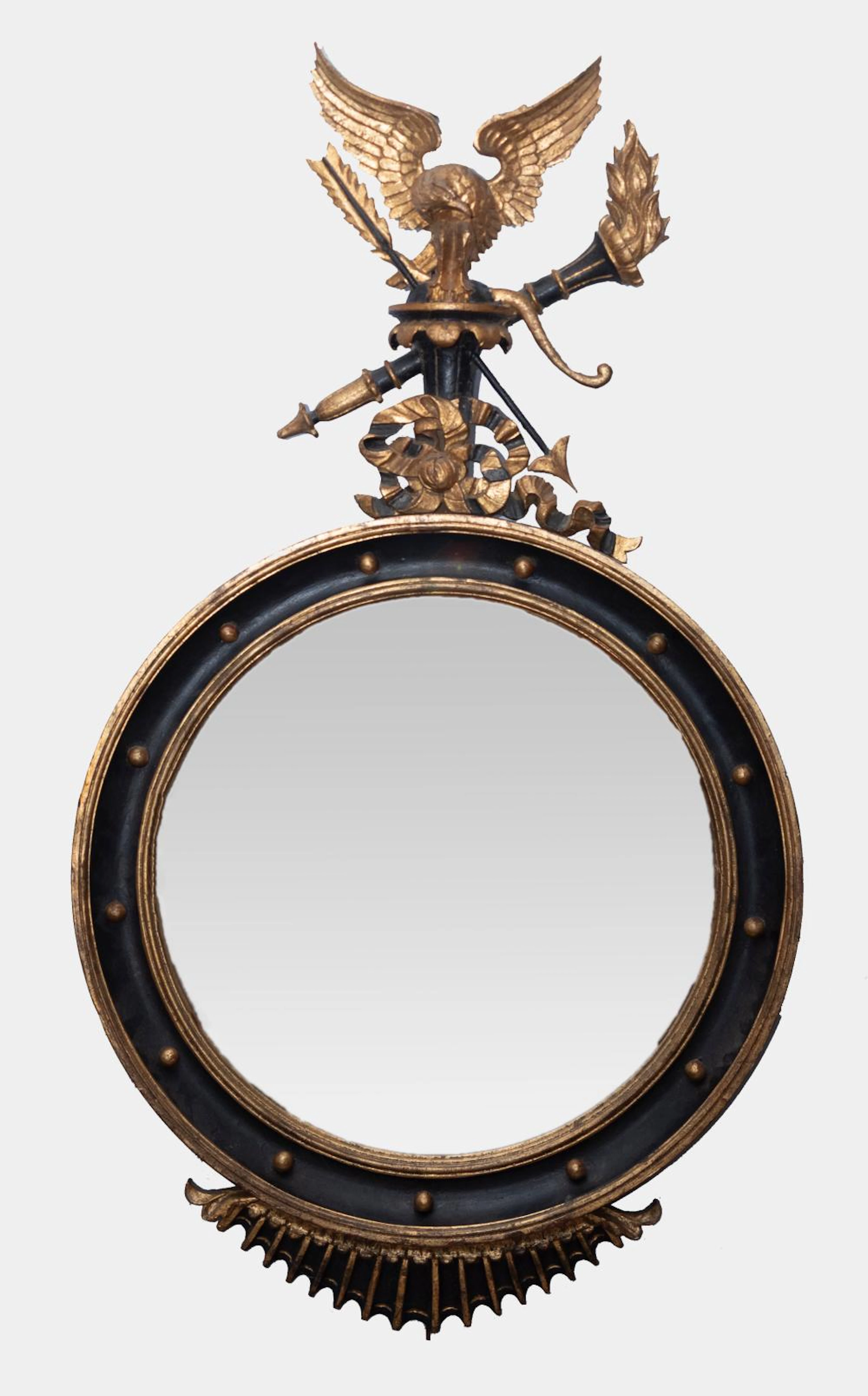 Americana Style Circular Convex Wall Mirror Italian made black and giltwood mirror Height: 47 inches; width: 27 1/2 inches