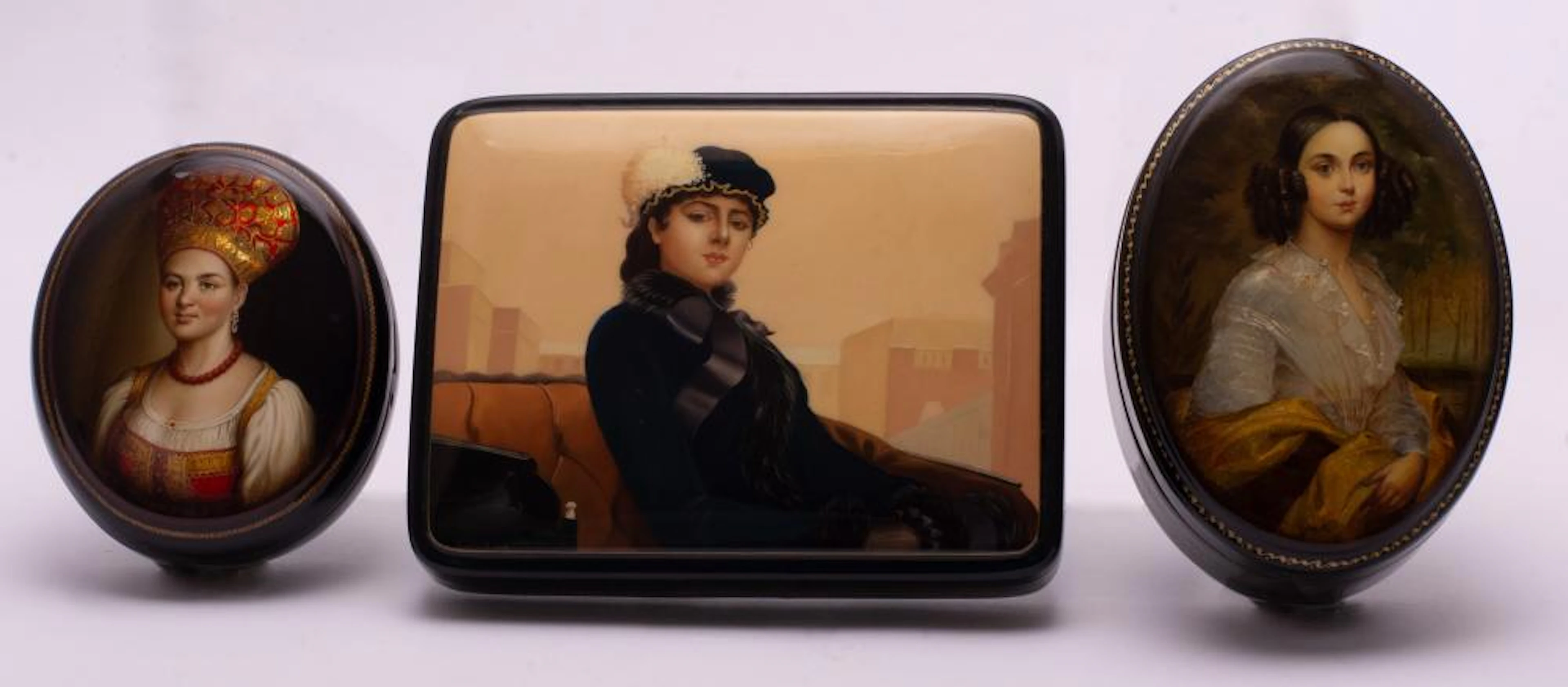 Three Russian Hand Painted Lacquered Portrait Boxes Smallest box 3.5", Largest box 5.5"