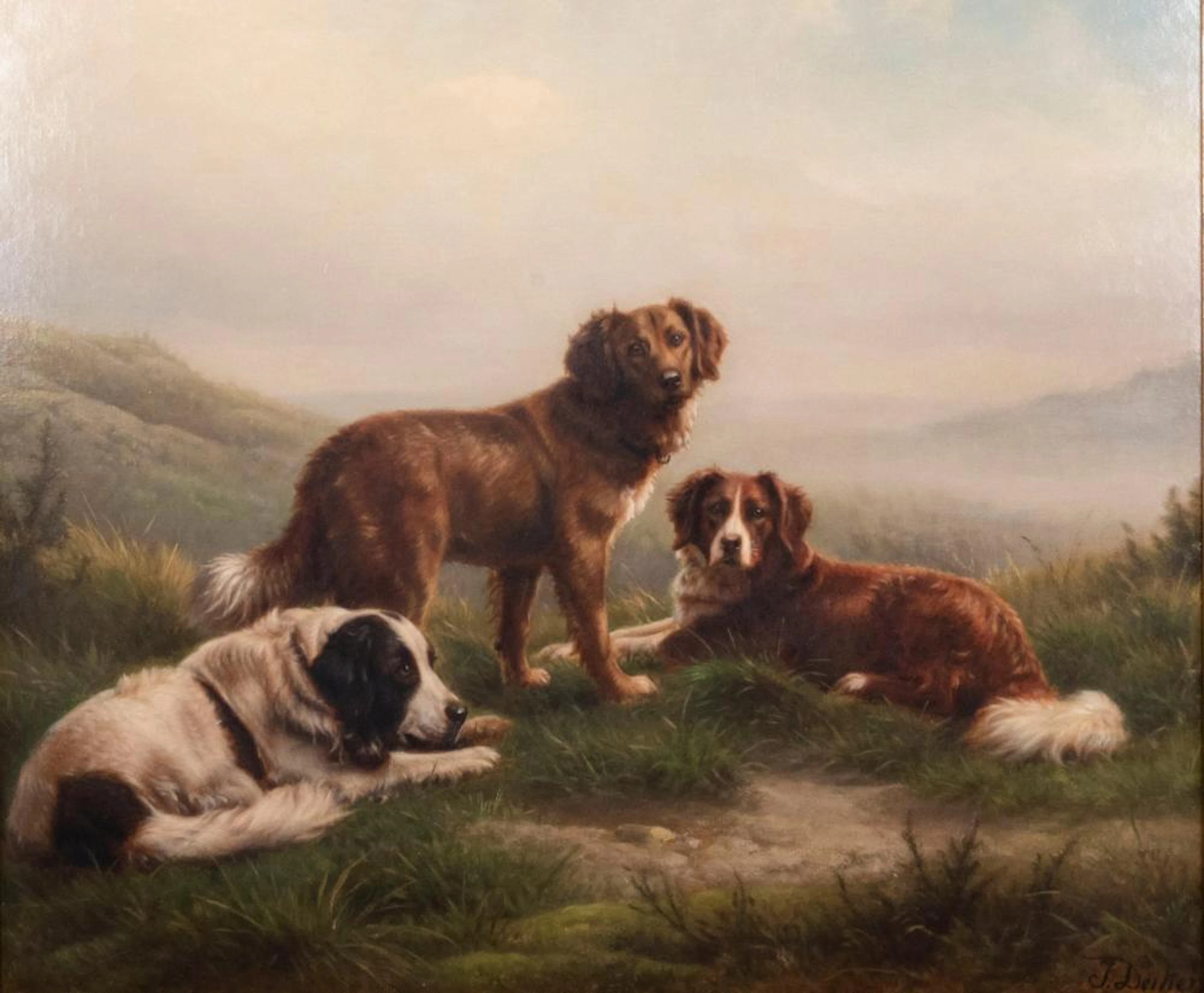 Johannes Deiker, German (1822-1895), Dogs in a Mountainous Landscape, oil on canvas, 26 x 30 inches