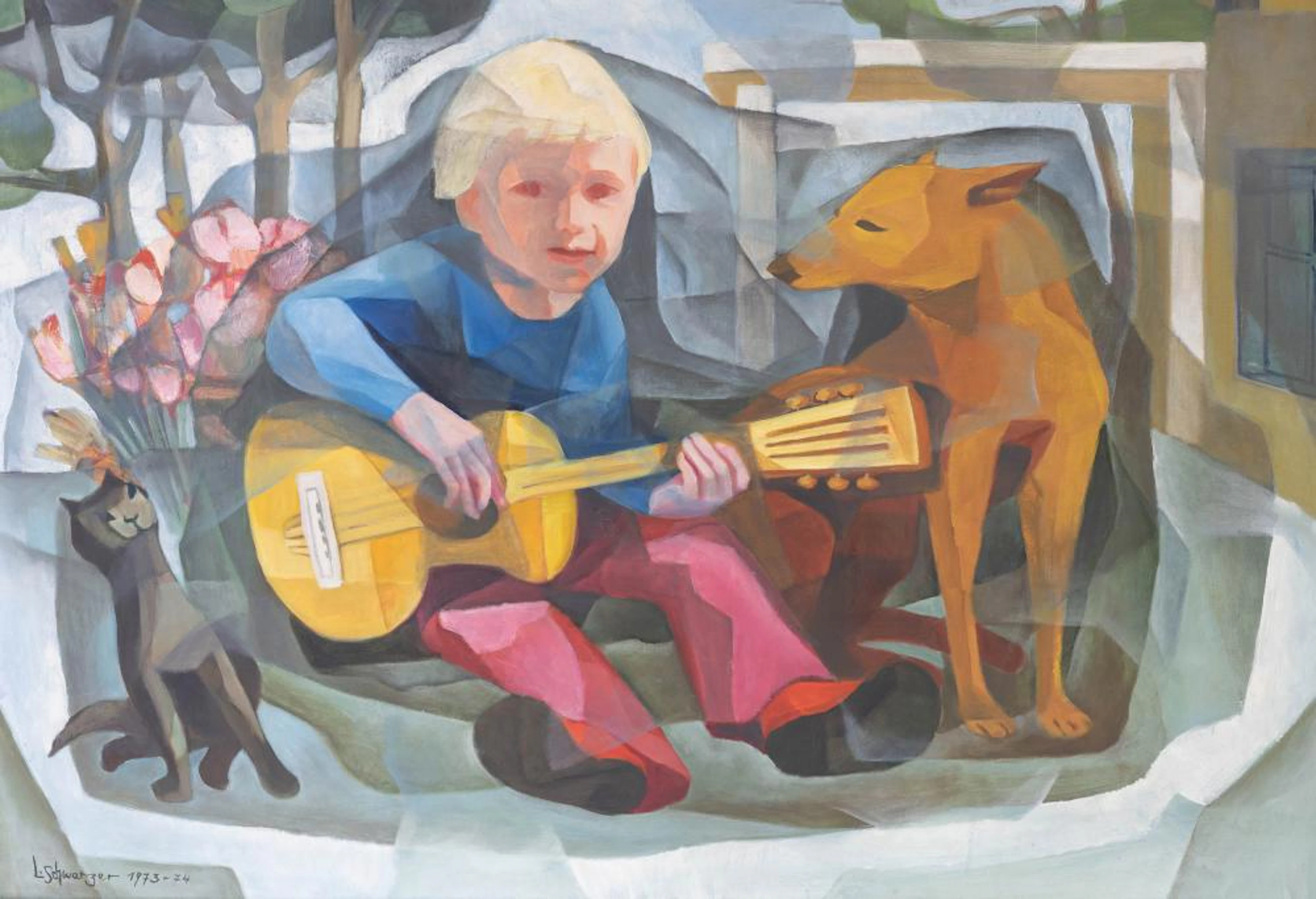 Junge mit Gitarre, Katze und Hund, Ludwig Schwarzer (1912 Wien - 1989 Linz)
