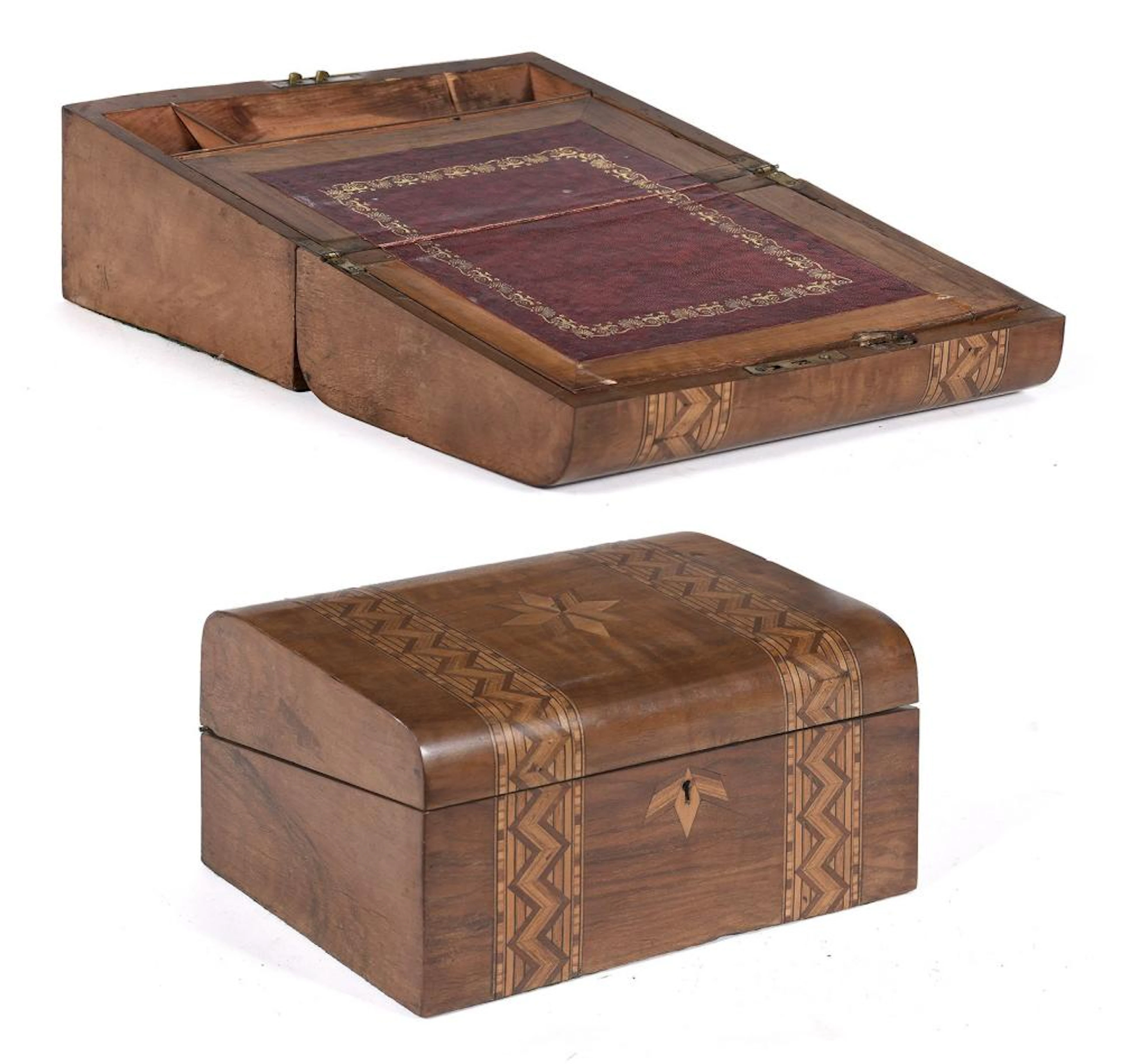 Caja escritorio de viaje realizada en madera de caoba con marquetería