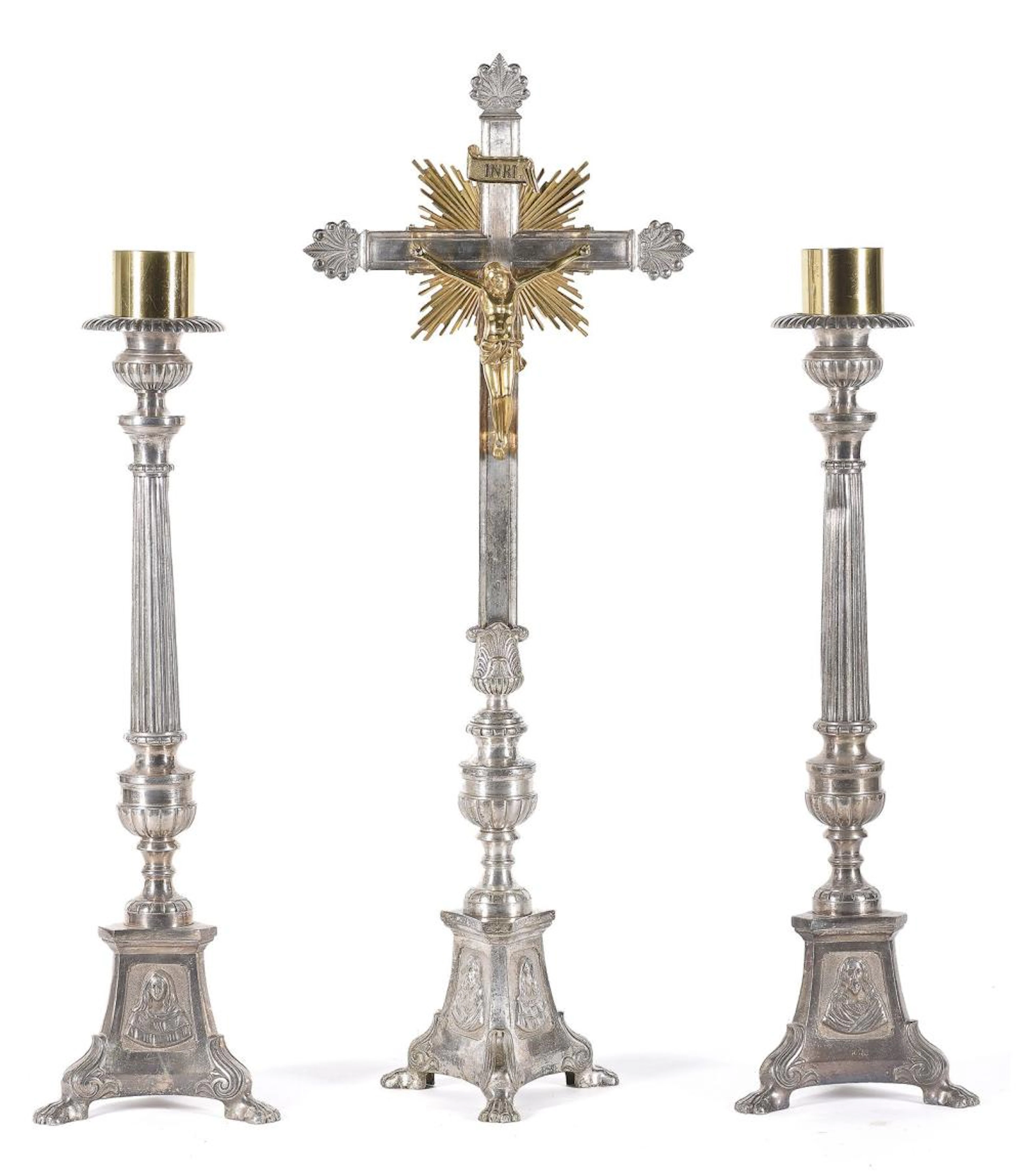 Lote compuesto por cruz y pareja de candeleros de altar...