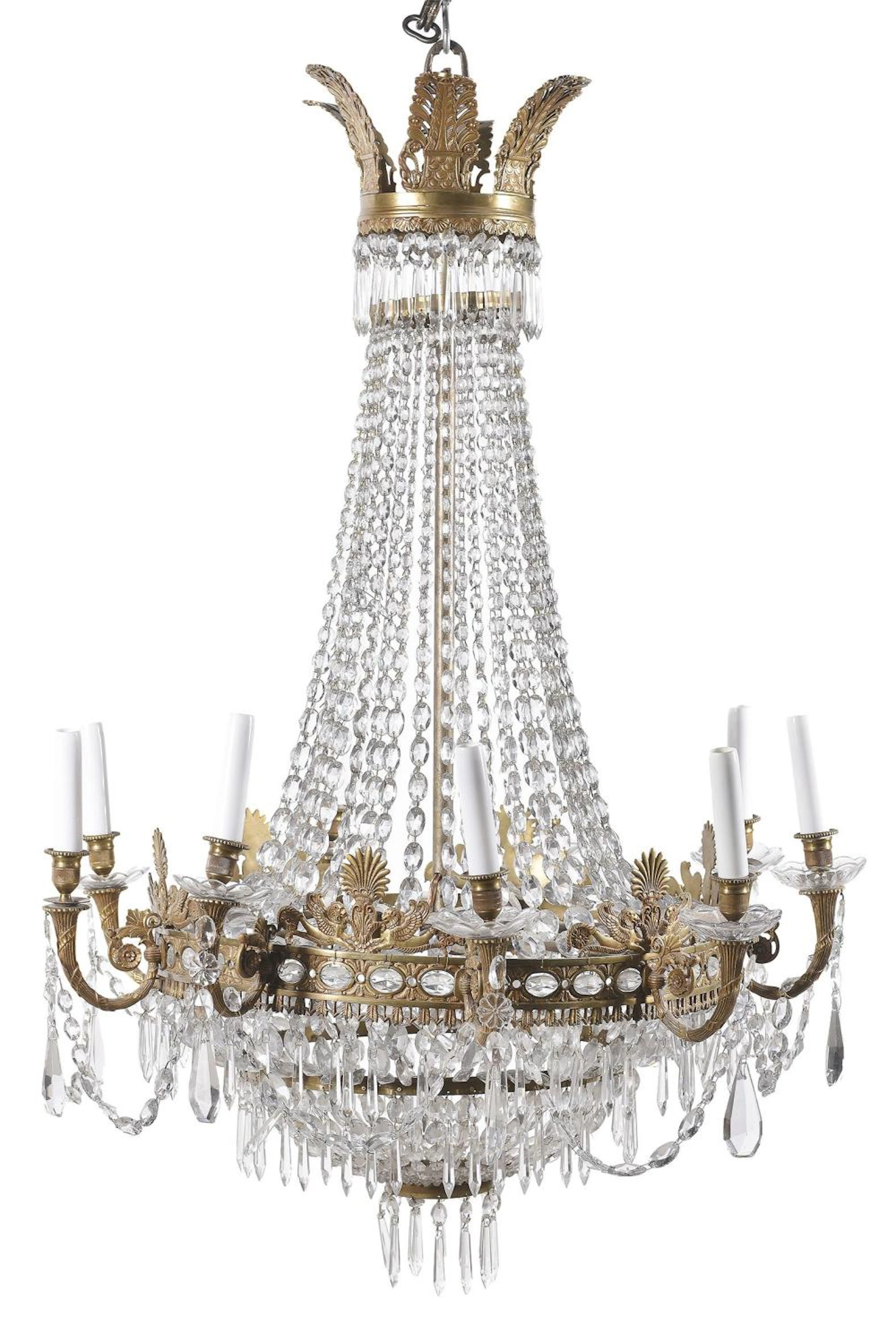 Lámpara de techo realizada en cristal y bronce dorado. Estilo Imperio.?