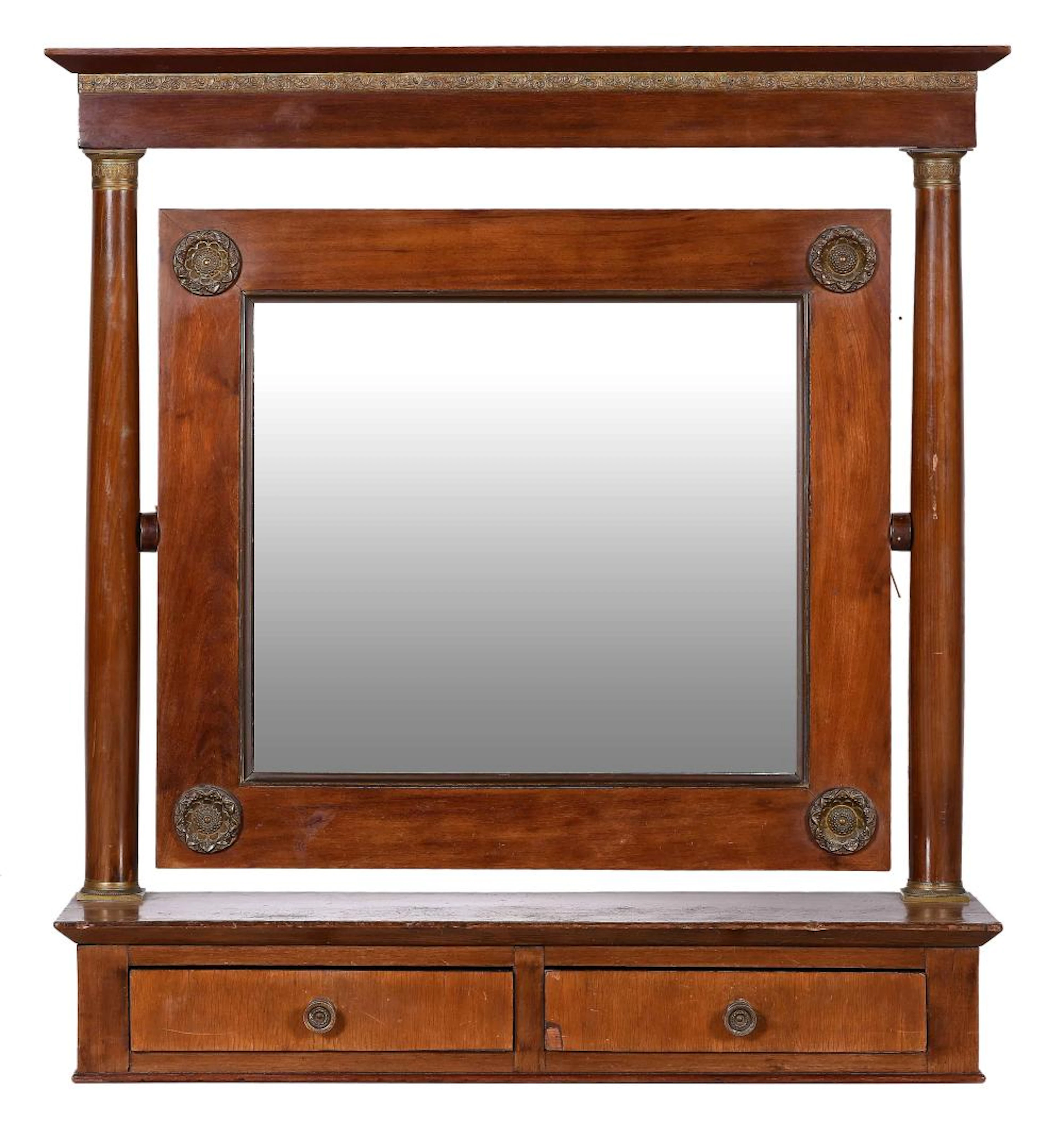 Espejo tocador con dos cajones realizado en madera y decoración de latones
