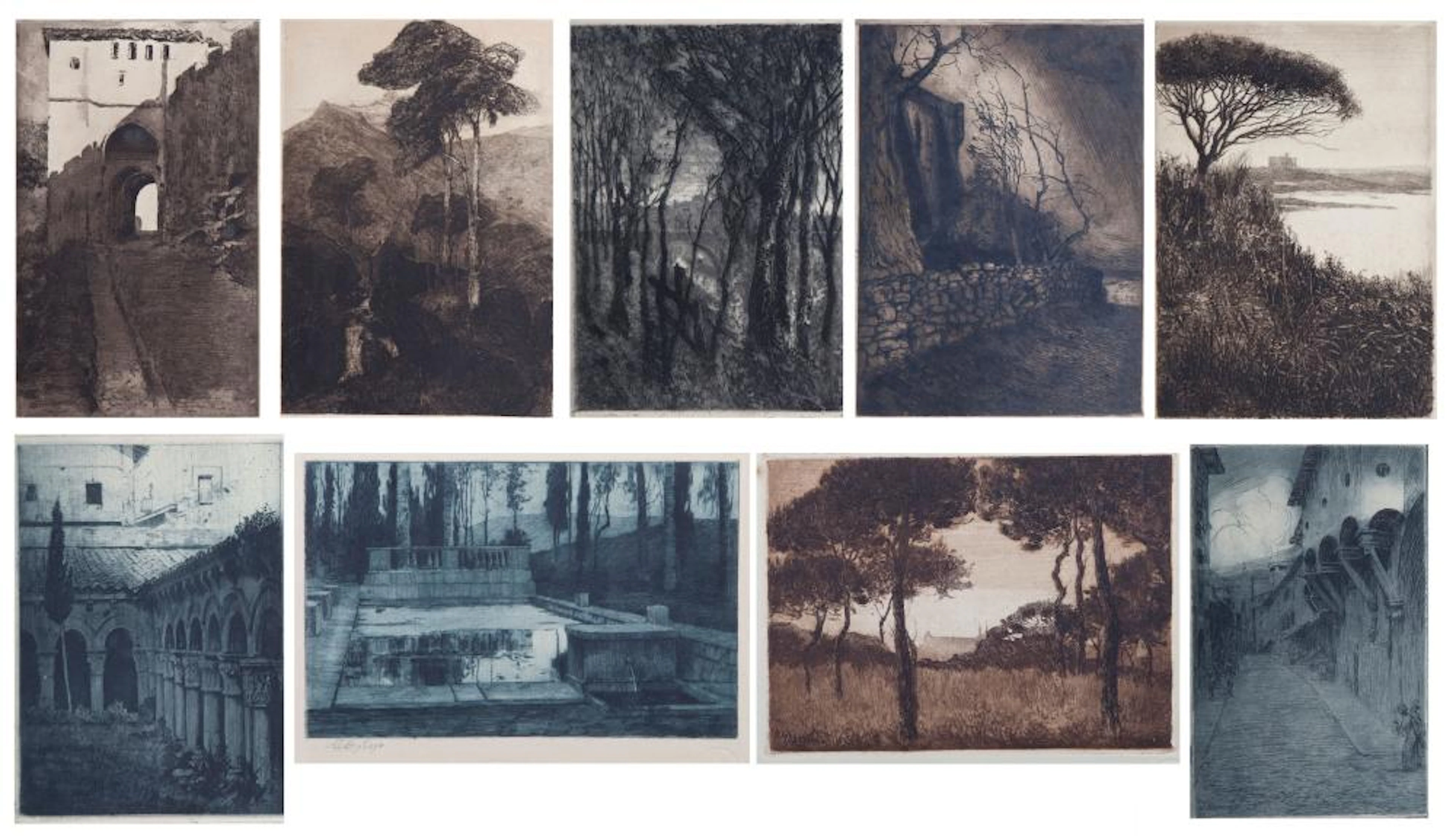 Lote compuesto por nueve grabados: "Ocaso" (Juan Espina), "Acorde" (Jua