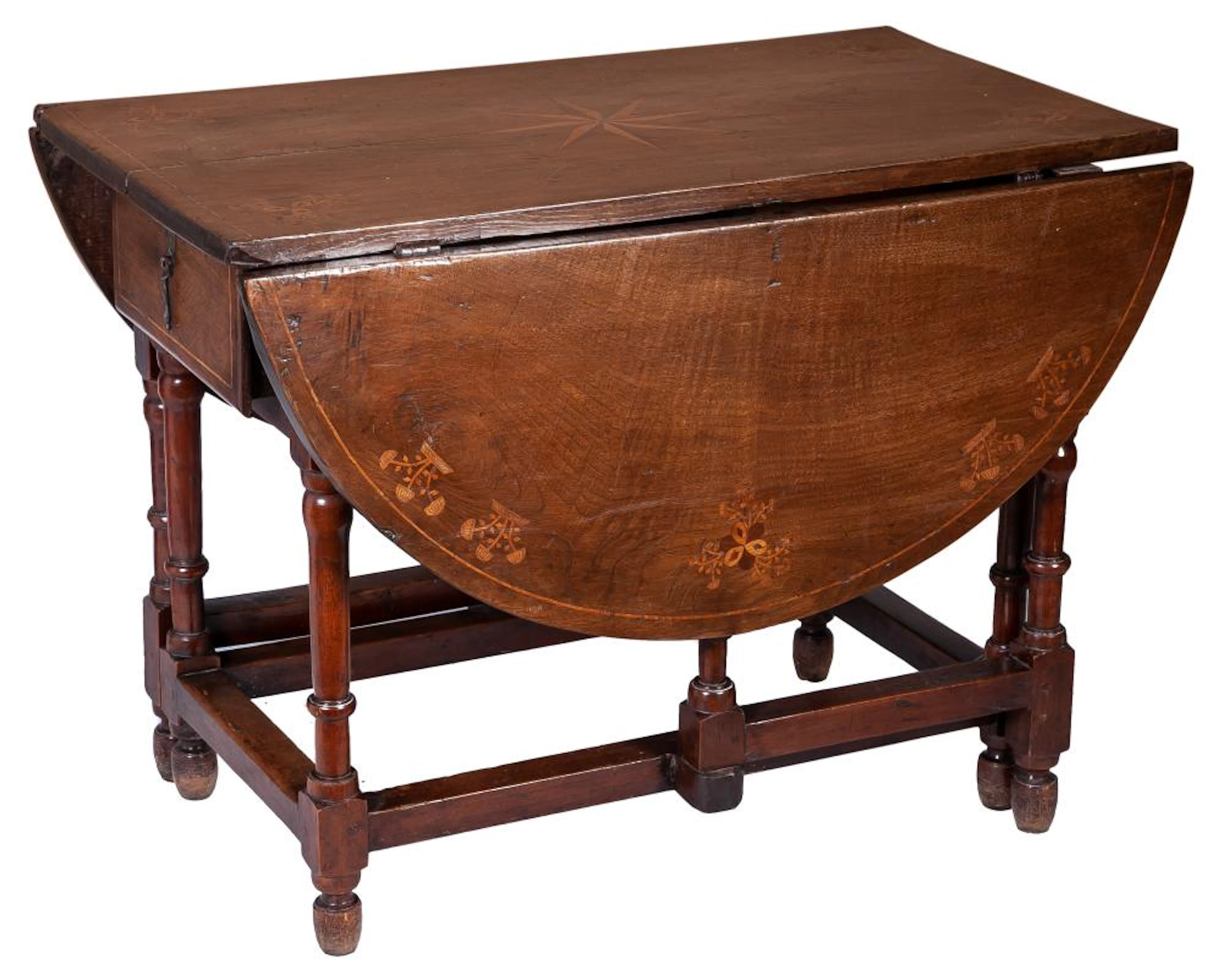 A Spanish marquetry walnut drop-leaf table, 17th Century