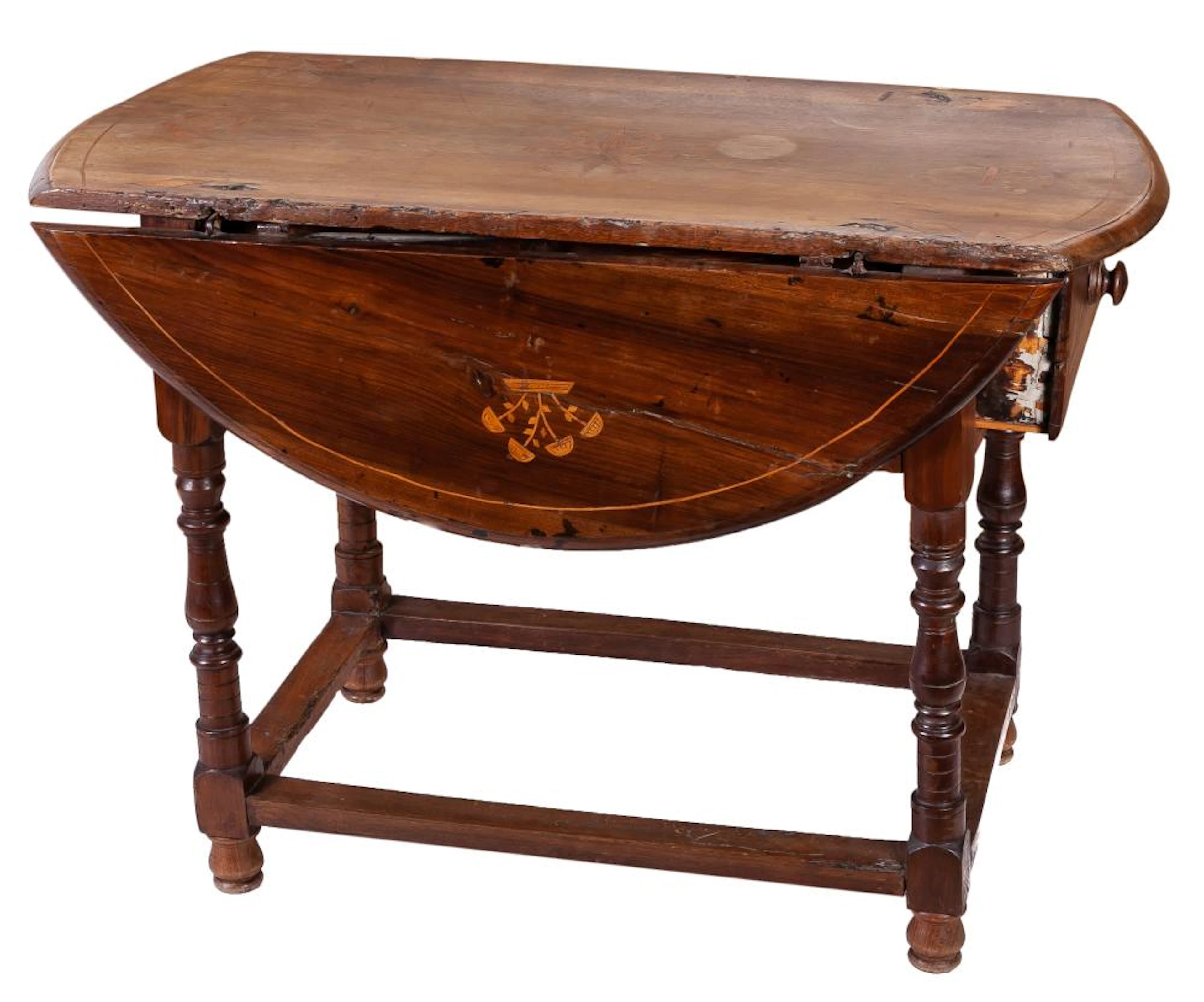 A Spanish marquetry walnut drop-leaf table, 17th - 18th Century
