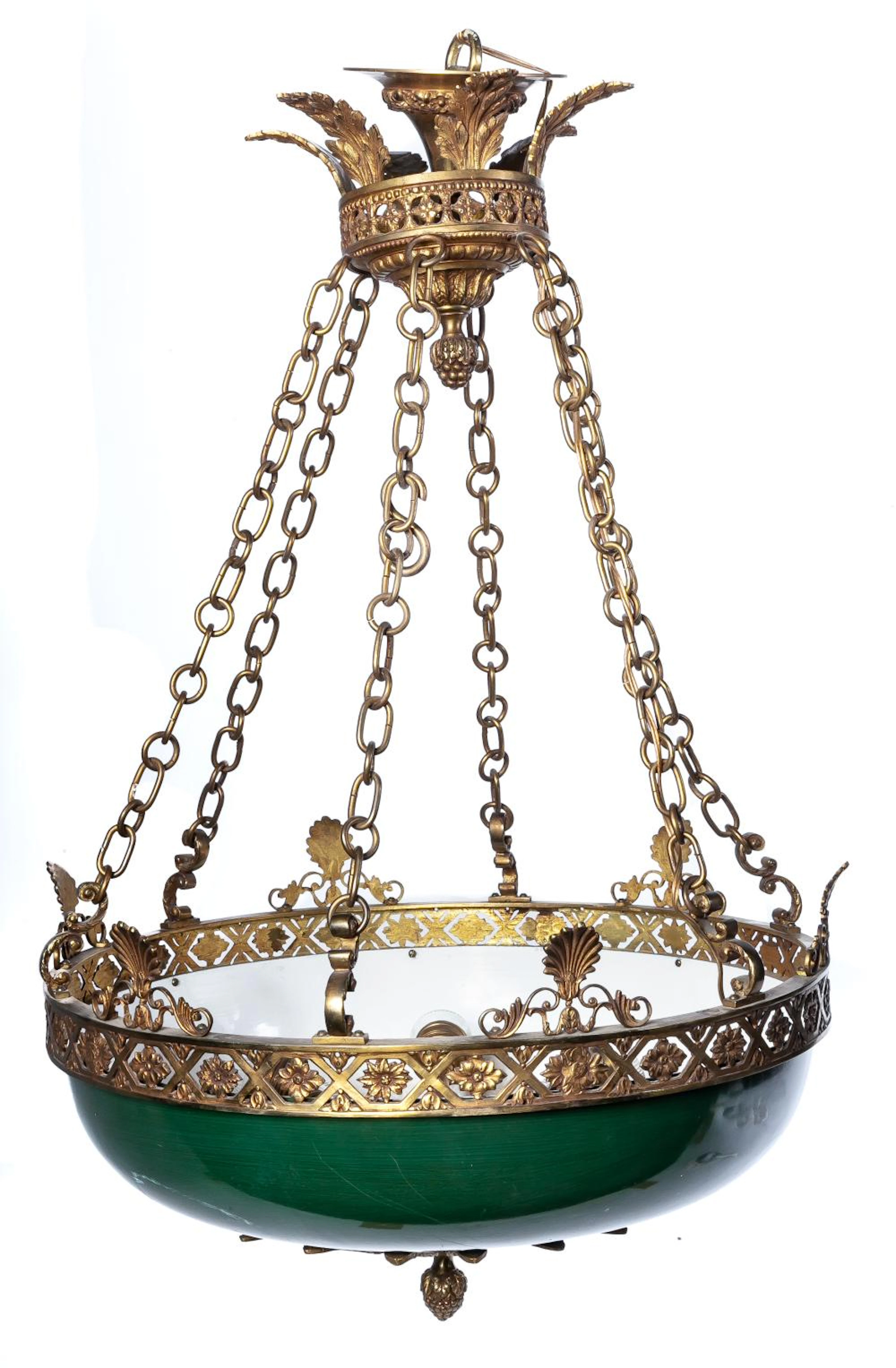 An Empire style gilt bronze and green glass ceiling lamp