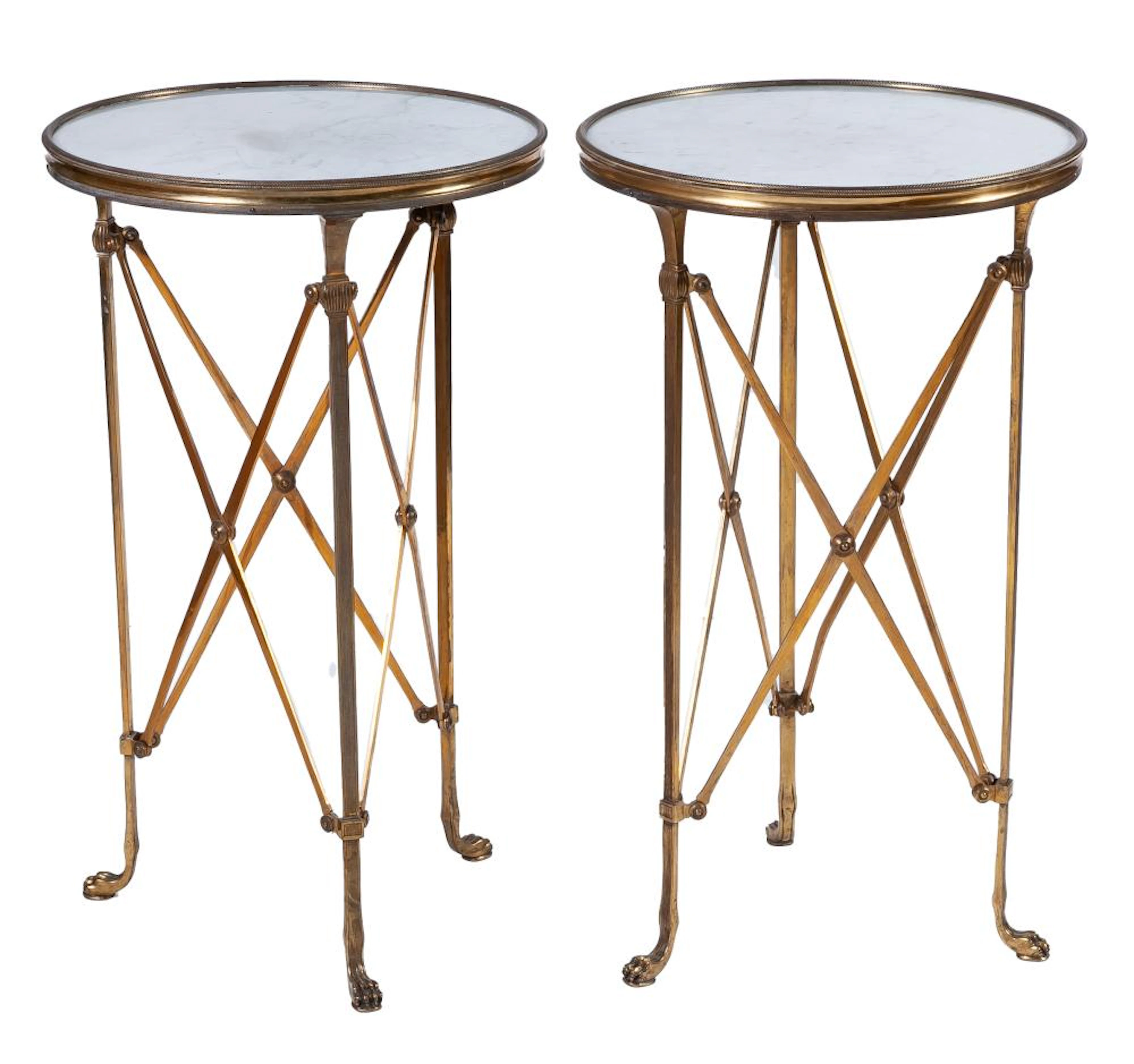 A pair of of Directoire style bronze and marble gueridons, 20th Century