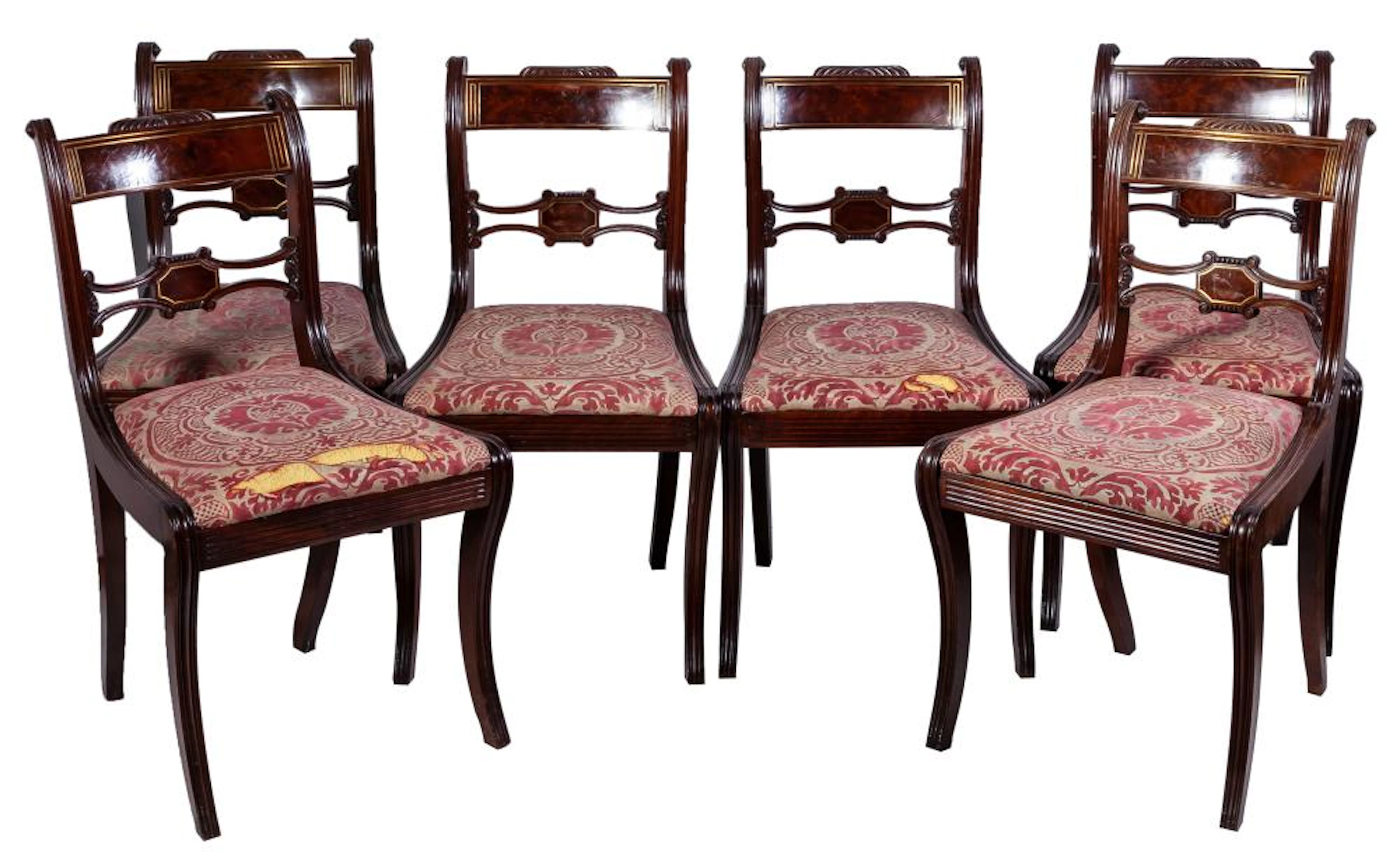 A set of six brass-inlaid mahogany chairs
