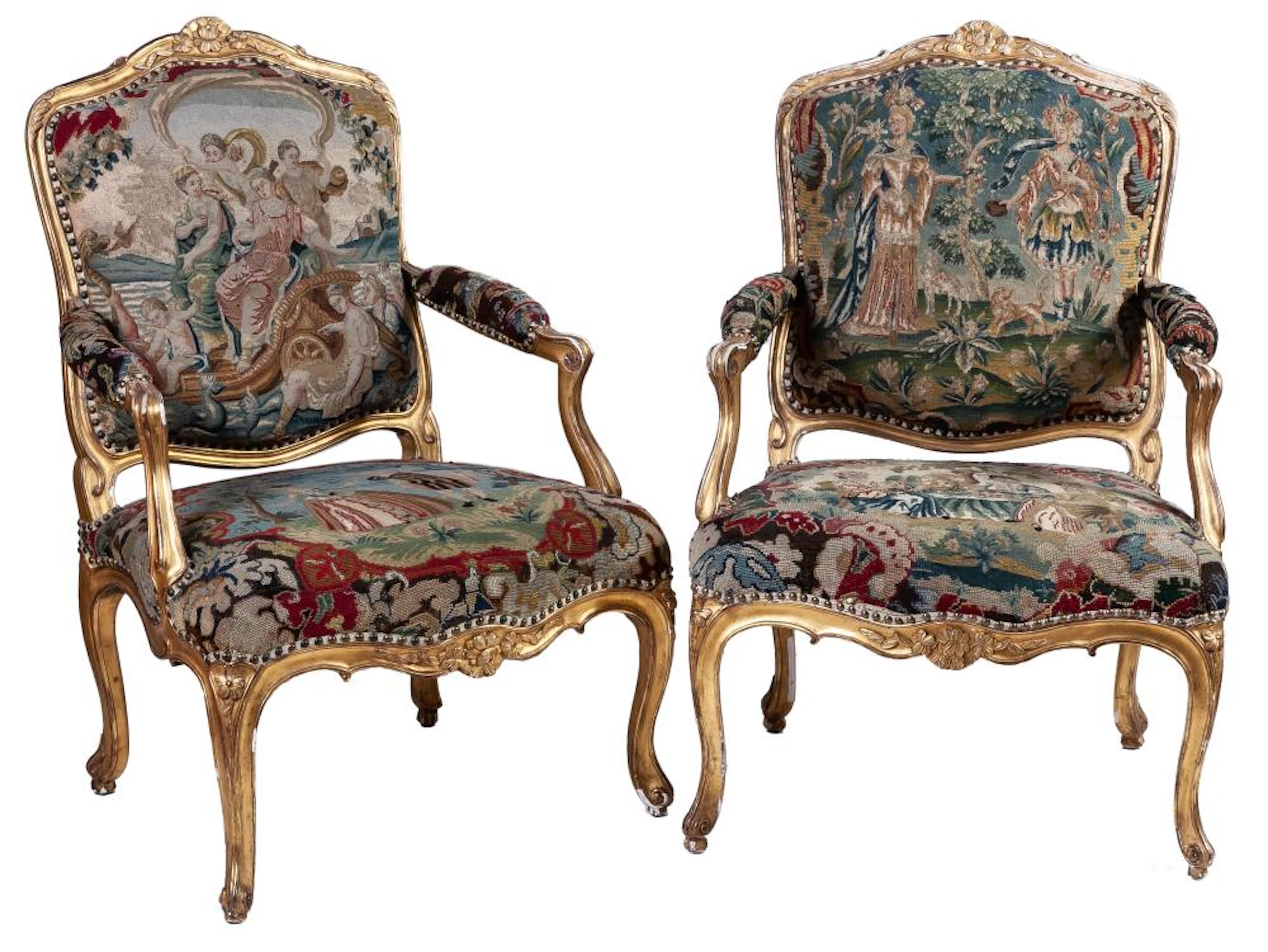 A pair of Louis XV giltwood fauteuils, 18th Century