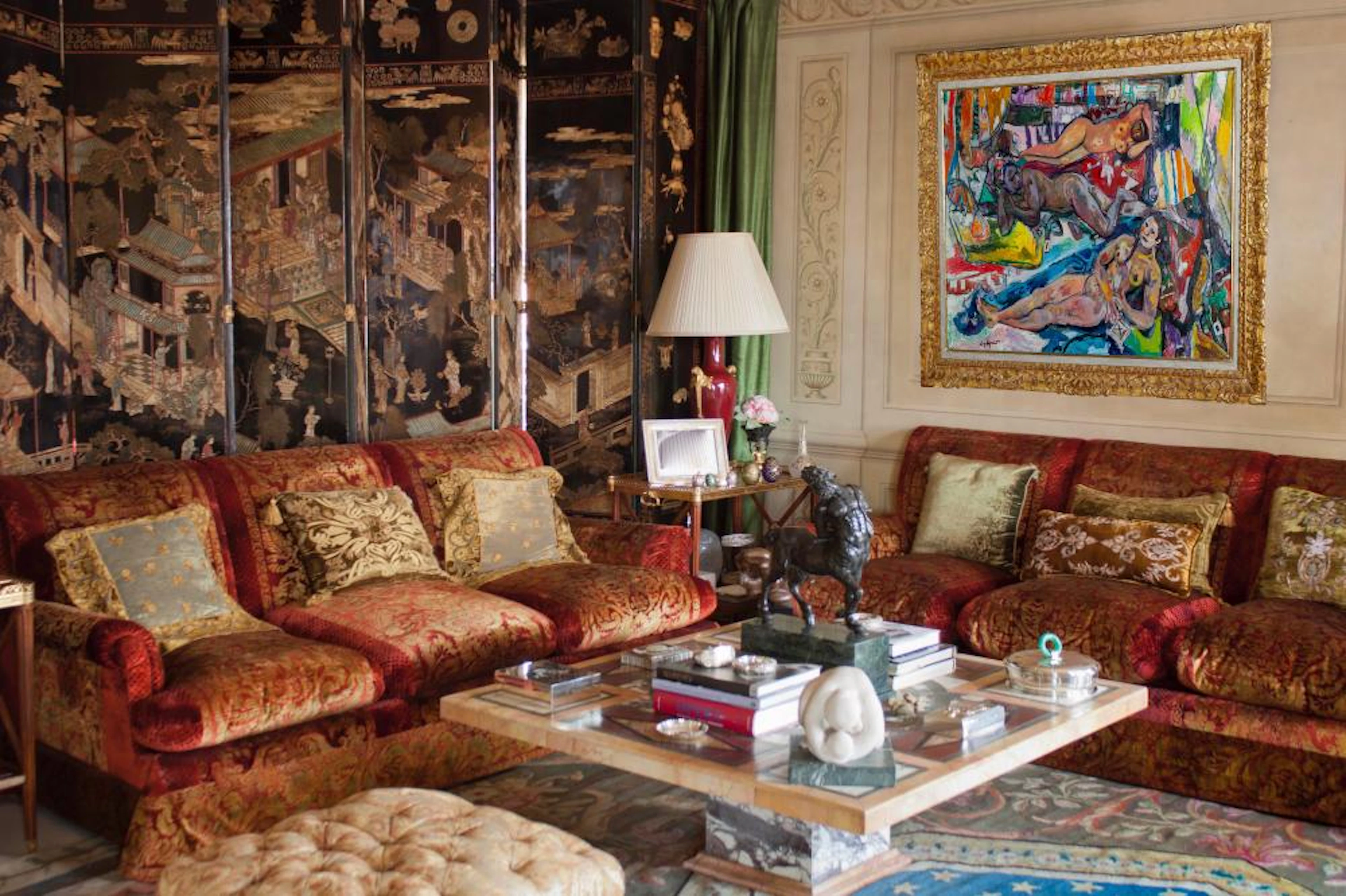 A red and gold velvet upholstered sofa, Design of Renzo Mongiardino